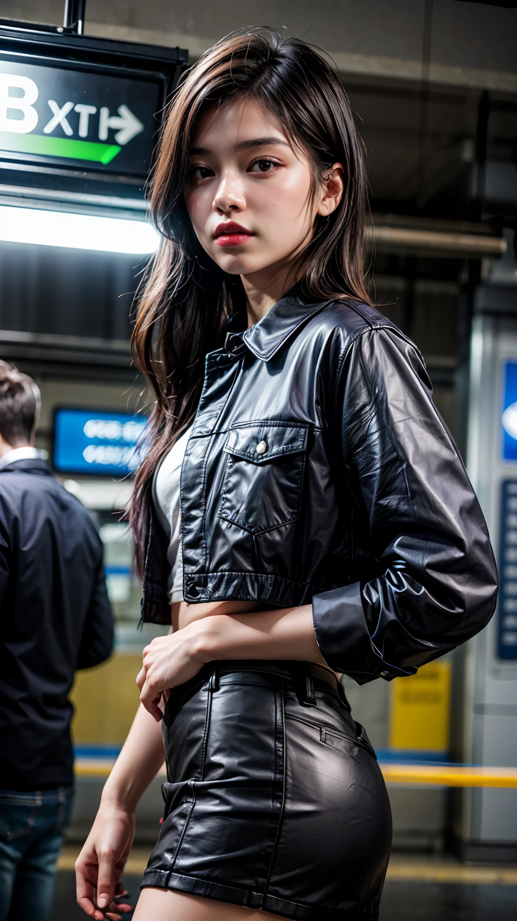 (1girl), solo, latin-girl, long_hair, wearing(purple-mini_skirt, leather_shirt), photo(medium-shot), portrait, standing-poses, pov, blurry_background, background(futuristic-metro_station), (photorealistic, absurdres, best_quality:1.55),