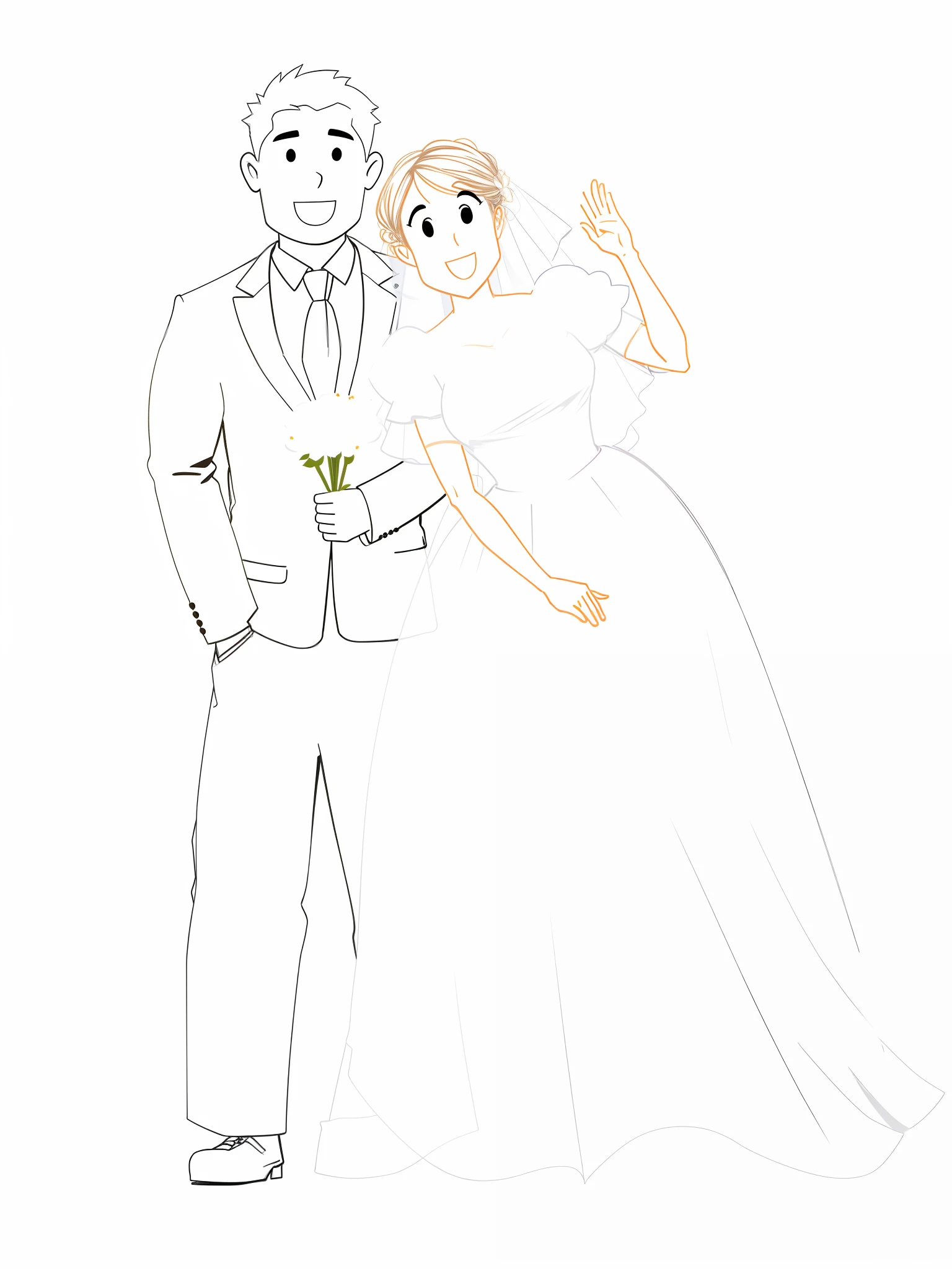 The groom holds flowers,The bride leans on the right hand of the groom,Newlywed cartoon version,Line drawings