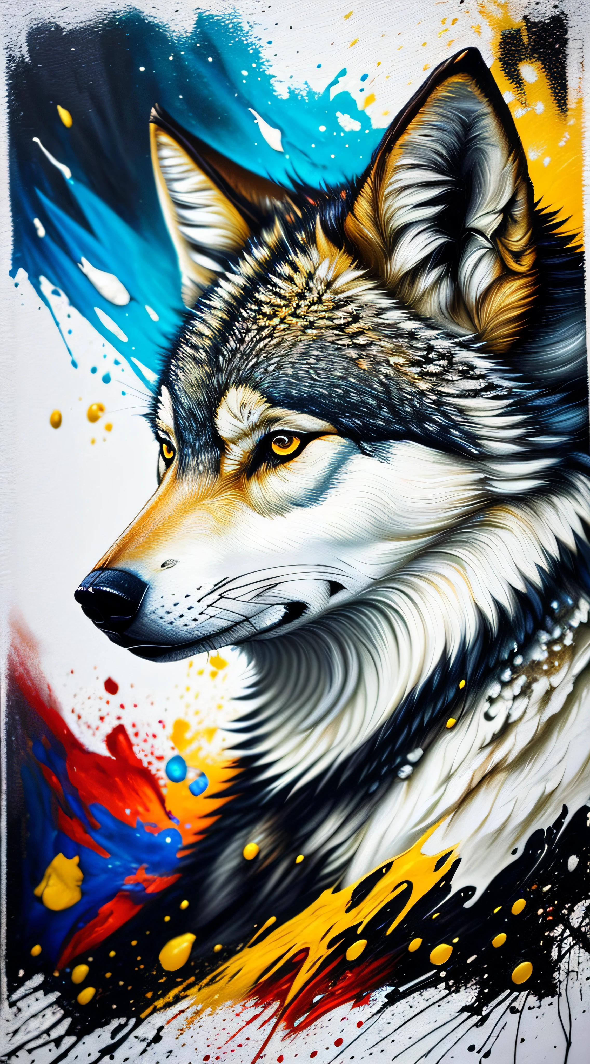 Splash art, a wolf head, ((white background)), piercing eyes, epic Instagram, artstation, splash style of colorful paint, contour, hyperdetailed intricately detailed , unreal engine, fantastical, intricate detail, splash screen, complementary colors, fantasy concept art, 8k resolution, deviantart masterpiece, oil painting, heavy strokes, paint dripping, splash arts