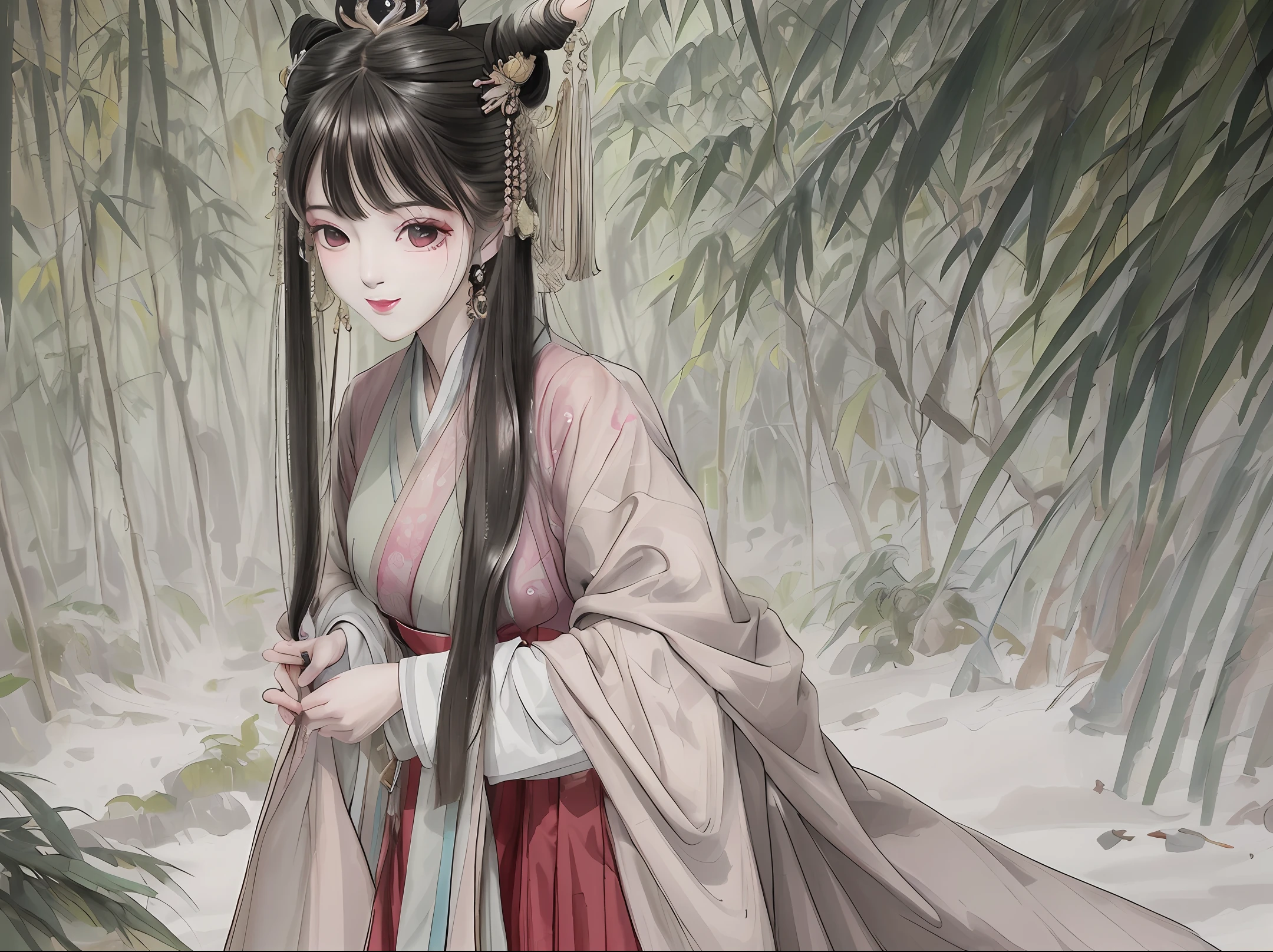 Masterpiece, 4k, super detailed, 1girl, 20-year-old young woman, delicate facial features, perfect face, smile, light makeup, headdress, hanfu, long skirt, skirt, bamboo forest, ink style, gongbi painting