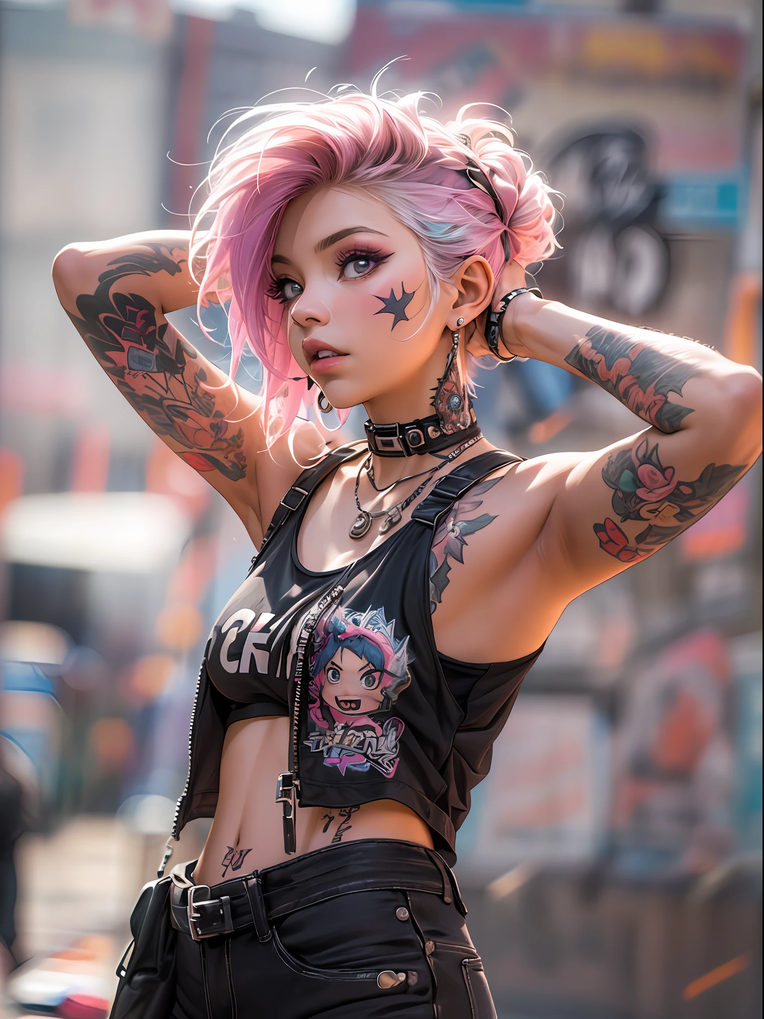 18-year-old punk girl,cute little、(top-quality、in 8K、32K、​masterpiece、nffsw:1.3)、(Photorealsitic:1.4),Fancy makeup,Wacky punk hair,punk fashion,Tank Tops、A pink-haired,、Tattoos on the body,、Downtown District Background、Backlight effect、depth of fields,blurry backround,