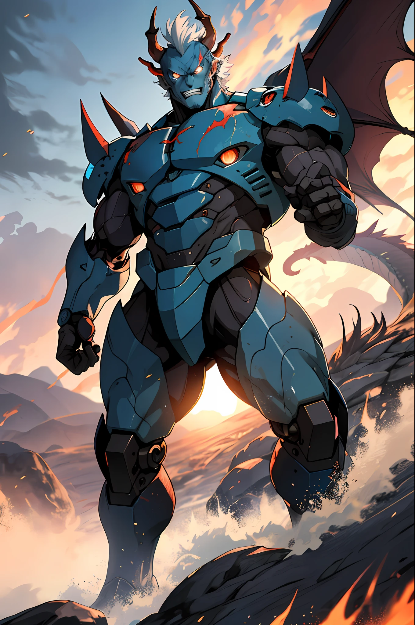 Full Body of Old Dragon,blue eyes,scarred face,mecha danshi,masterpiece,best quality,dusk,Battlefield,muscular male,depth of field,messy,high definition
