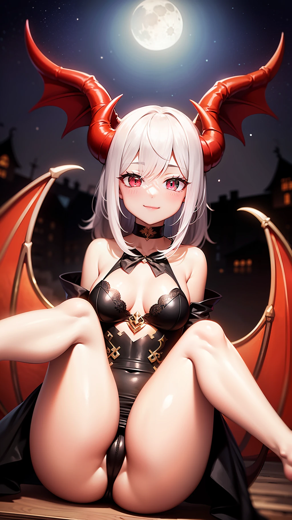 Ultra High Resolution、Ultra high quality、Ultra High Detail、Ultra high precision、A devil with a gentle smile who is a devil but has an angelic personality、Devilish Clothing、Devilish horns、Background of the Devil、Planktonic、Floating Pose、natta、a moon、moonlights、towns