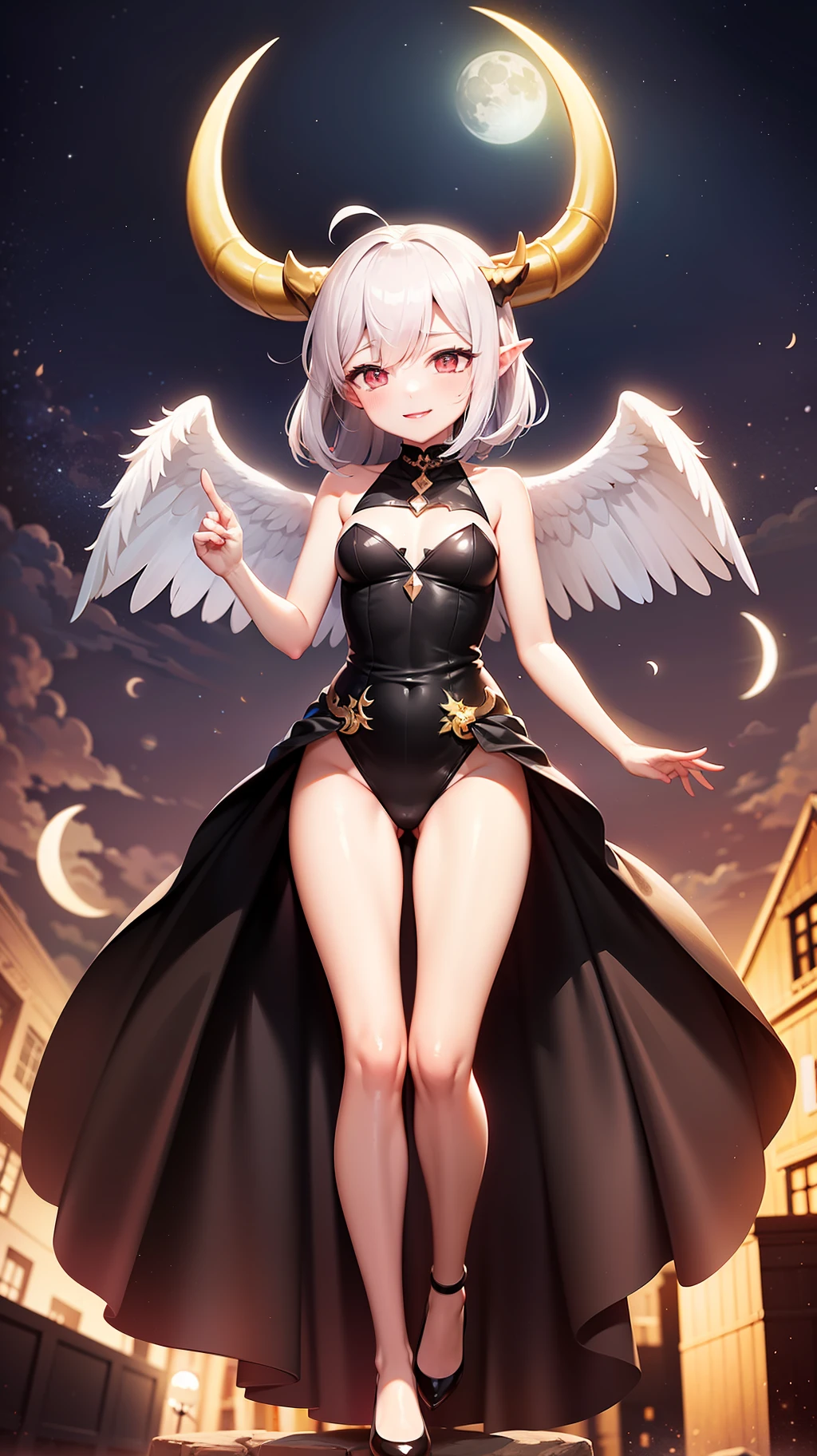 Ultra High Resolution、Ultra high quality、Ultra High Detail、Ultra high precision、A devil with a gentle smile who is a devil but has an angelic personality、Devilish Clothing、Devilish horns、Background of the Devil、Planktonic、Floating Pose、natta、a moon、moonlights、towns