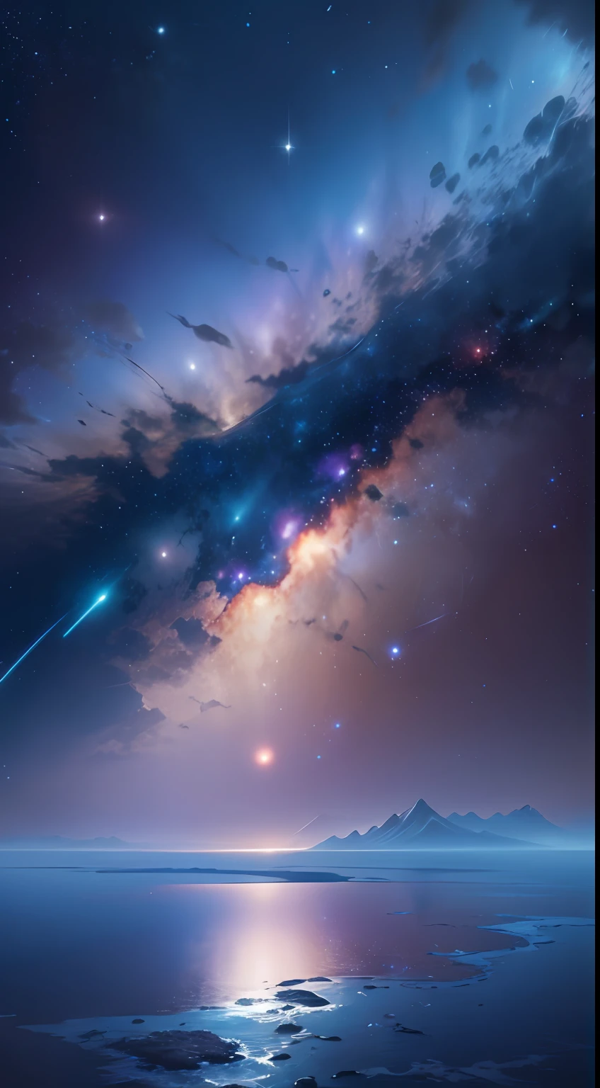 The bottomless blue sea,Starry sky with rivers and distant milky ways, galactic landscape, epic beautiful space scifi, cosmos sem fim no fundo, high detailed digital art, Space landscape