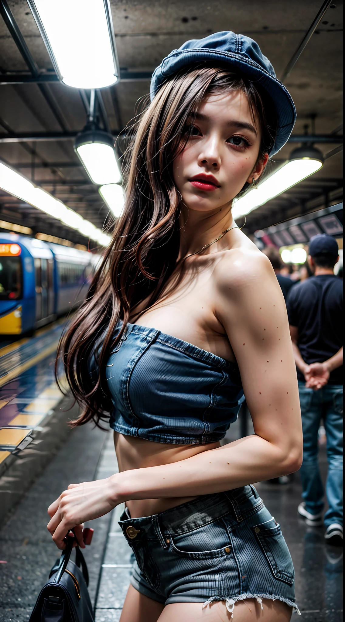 (1girl), solo, latin-girl, long_hair, wearing(purple-shorts, denim-strapless-shirt, hat), photo(medium-shot), portrait, sexy-poses, pov, blurry_background, background(futuristic-metro_station), (photorealistic, absurdres, best_quality:1.55),