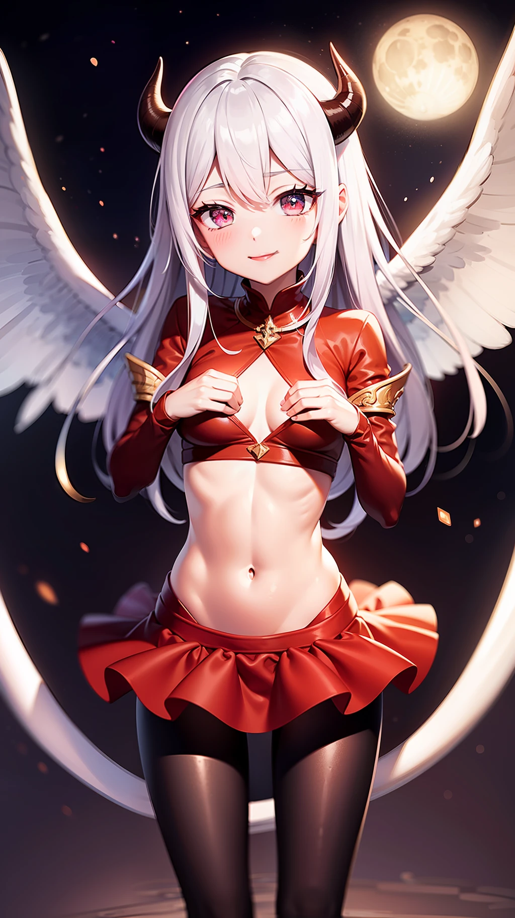 Ultra High Resolution、Ultra high quality、Ultra High Detail、Ultra high precision、A devil with a gentle smile who is a devil but has an angelic personality、Devilish Clothing、Devilish horns、Background of the Devil、Planktonic、Floating Pose、natta、a moon、moonlights、towns