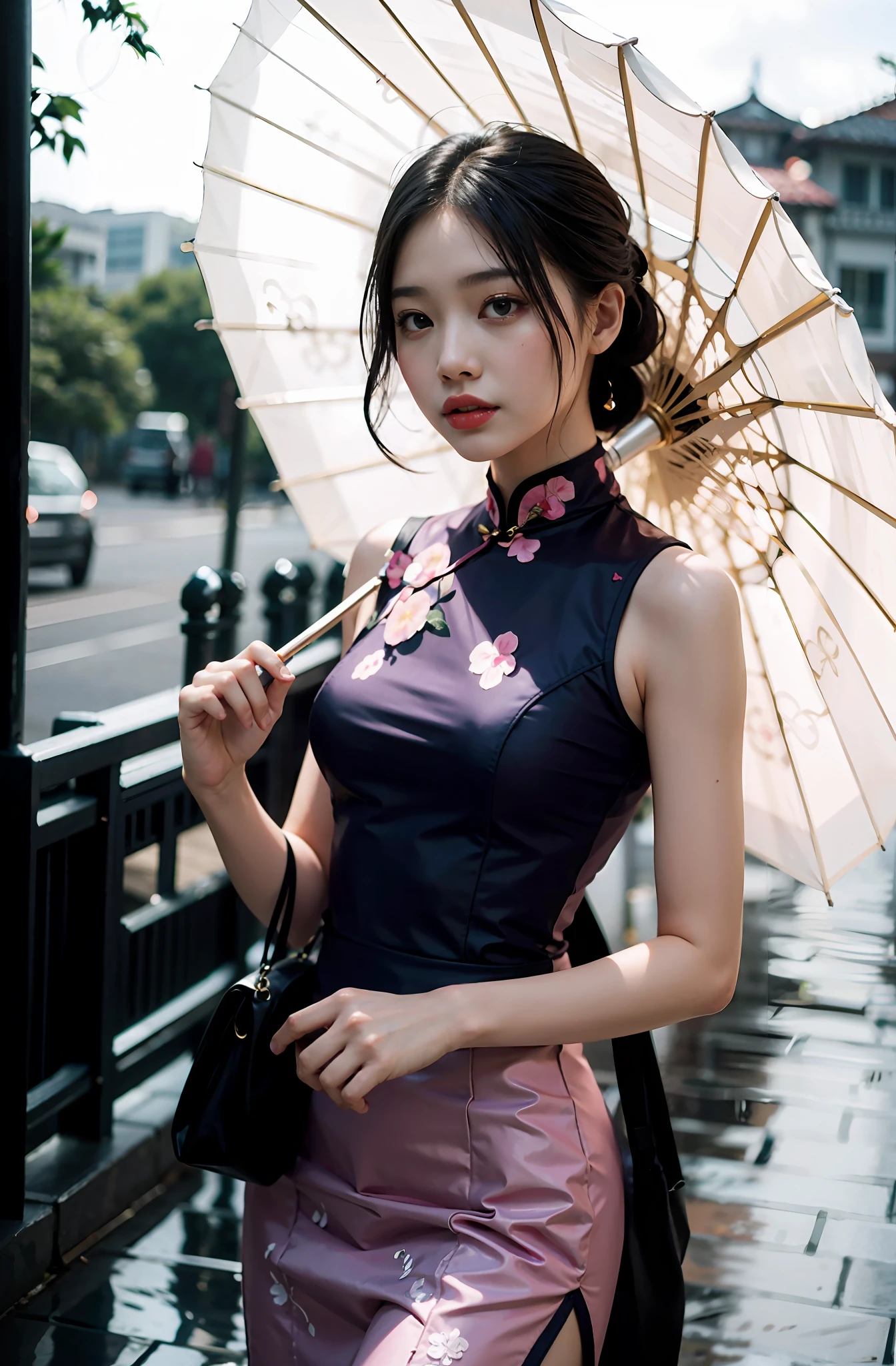 Wears a light pink sleeveless cheongsam,Girl with parasol,Exquisite photos