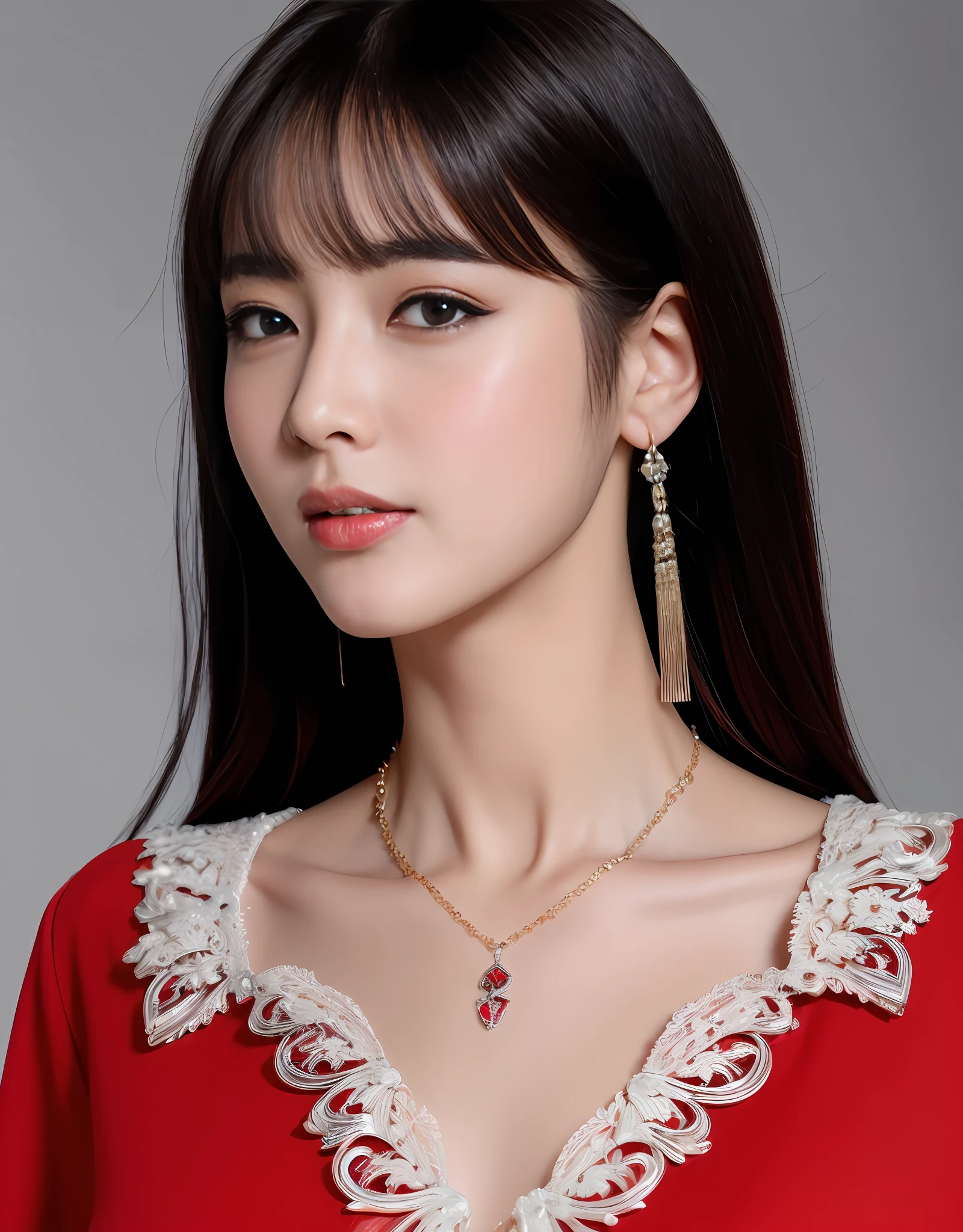 A beautiful Japanese woman's waist up，Has shiny black hair, bangs, Cat-like eyeliner, Wear a red shirt and pendant necklace. (8K, Best quality : 1.2), (Masterpiece, Photorealistic : 1.3), Super detail, Anatomically correct
