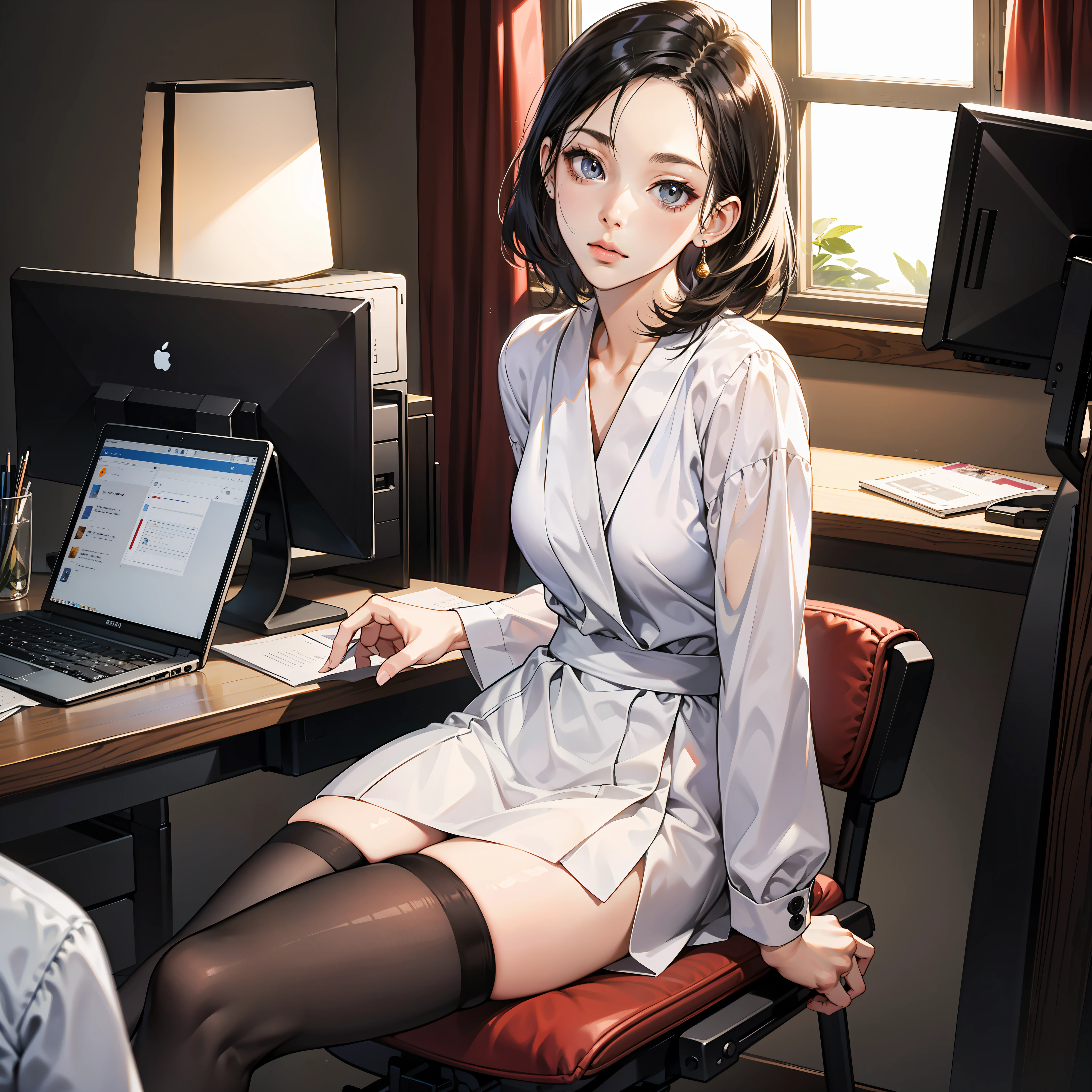 (masutepiece,Best Quality:1.4),(8K,Raw photo,photographrealistic:1.2),(Shiny skin),Detailed skin,Detailed face,Detailed eyes,1 Female 31 years old、Stunned face at work leaning against the back of work chair、full,Slender Japan actress、Extremely beautiful face,Black hair、Note PC、The table、In the office、Business Style White Blouse Gray Mini Skirt、Beautiful legs in black stockings、