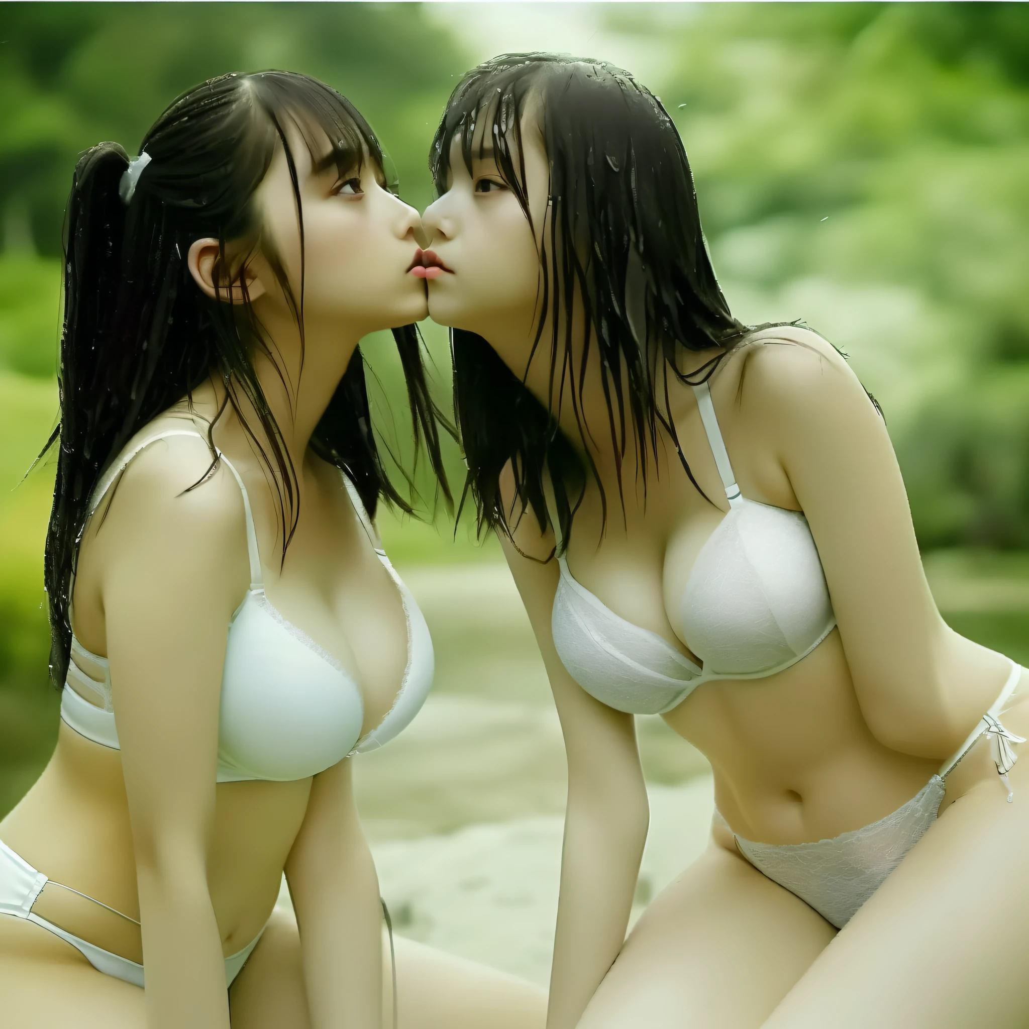 ((​masterpiece))、(top-quality)、(detaileds)、2girls、(the kiss:1)、Dark hair、long、straight haired、White Bikini、((Has a small, Wet, see -through:1.5, beauitful face, Ren Hao, an legs, 超A high resolution, Plump breasts、cleavage of the breast、delicated、Lesbian kiss、White bra、White panties、