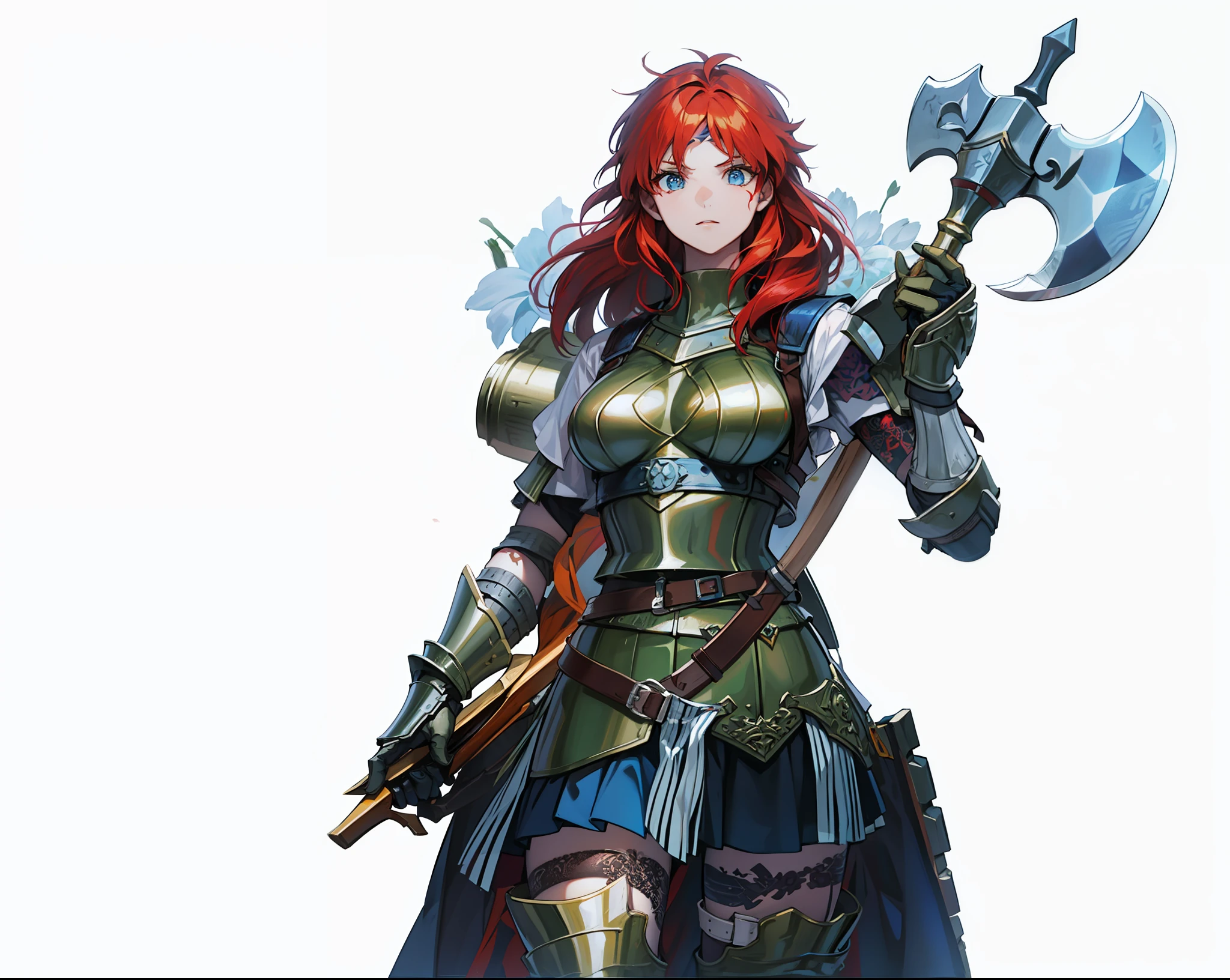 Boadicea, red-haired Viking warrior with Nordic armor and rune tattoos on her body and blooming blue eyes holding an axe, 4k