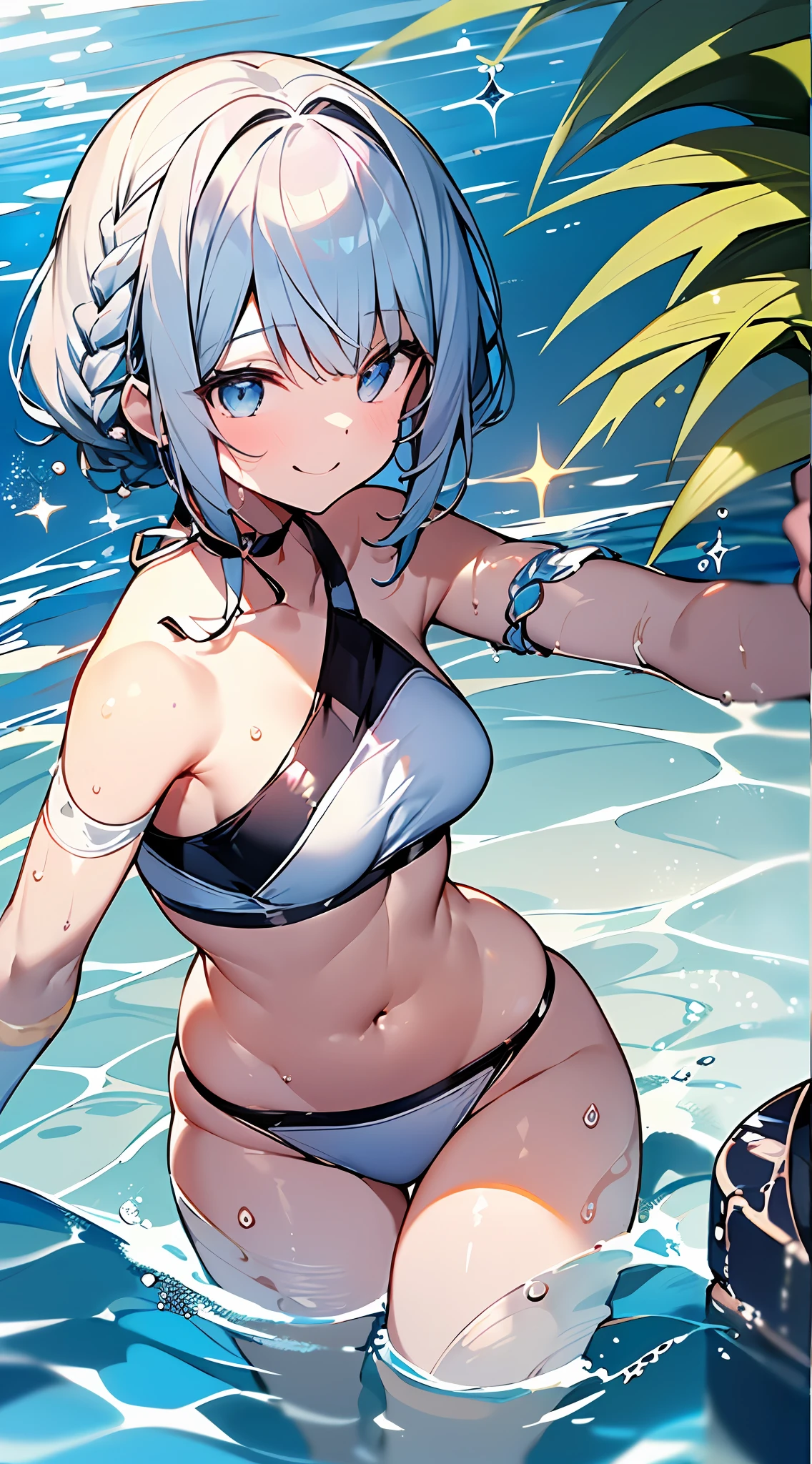 (Incredibly ridiculous absolute resolution:1.5)、hiquality、top-quality、masuter piece、Anime girl in light blue and white bikini, 魅惑的、Anime Loli, 8k Manga Wallpapers, Smile、Shy laughter、((small curvy loli))、large full breasts、pretty anime girl,((swimming pools))、(Medium Shorthair)、(short braided hair)