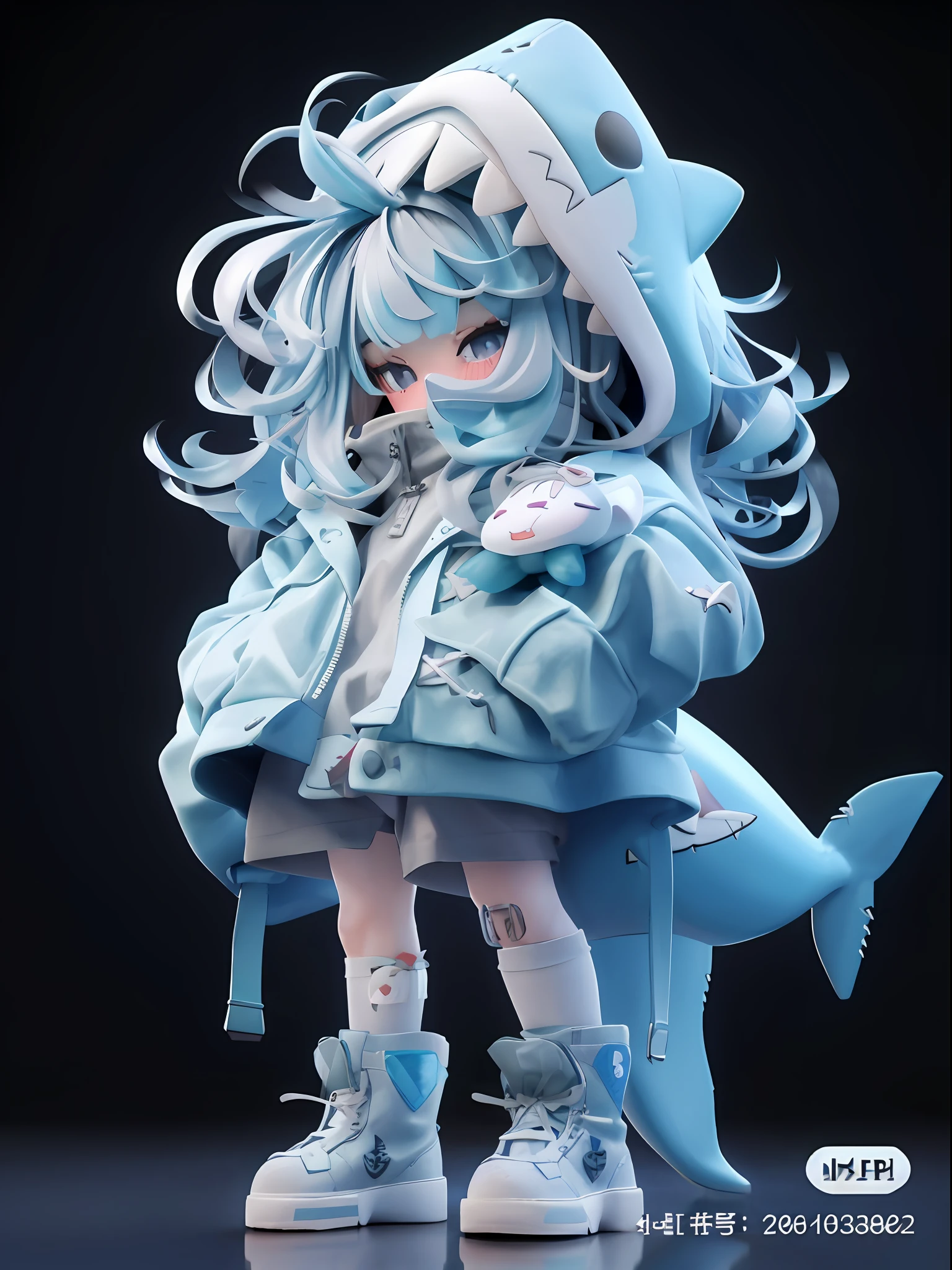 Close-up of shark doll on black background, render of a cute 3d anime girl, anime styled 3d, Stylized anime, 3 D rendering character art 8 K, cute 3 d render, 3d anime girl, High quality detailed art in 8K, Anime style. 8K, frostbite 3 rendered, highly detailed character