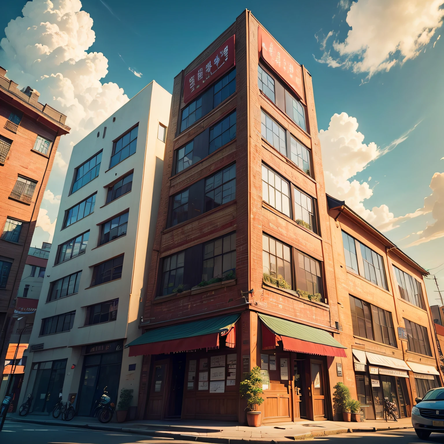 Ancient wind,Quaint,Chinese,Restaurant hostel,towering,The exterior of the entire building,wood,high rise,towering,Located in a bustling downtown area,Individual building,with blue sky and white clouds