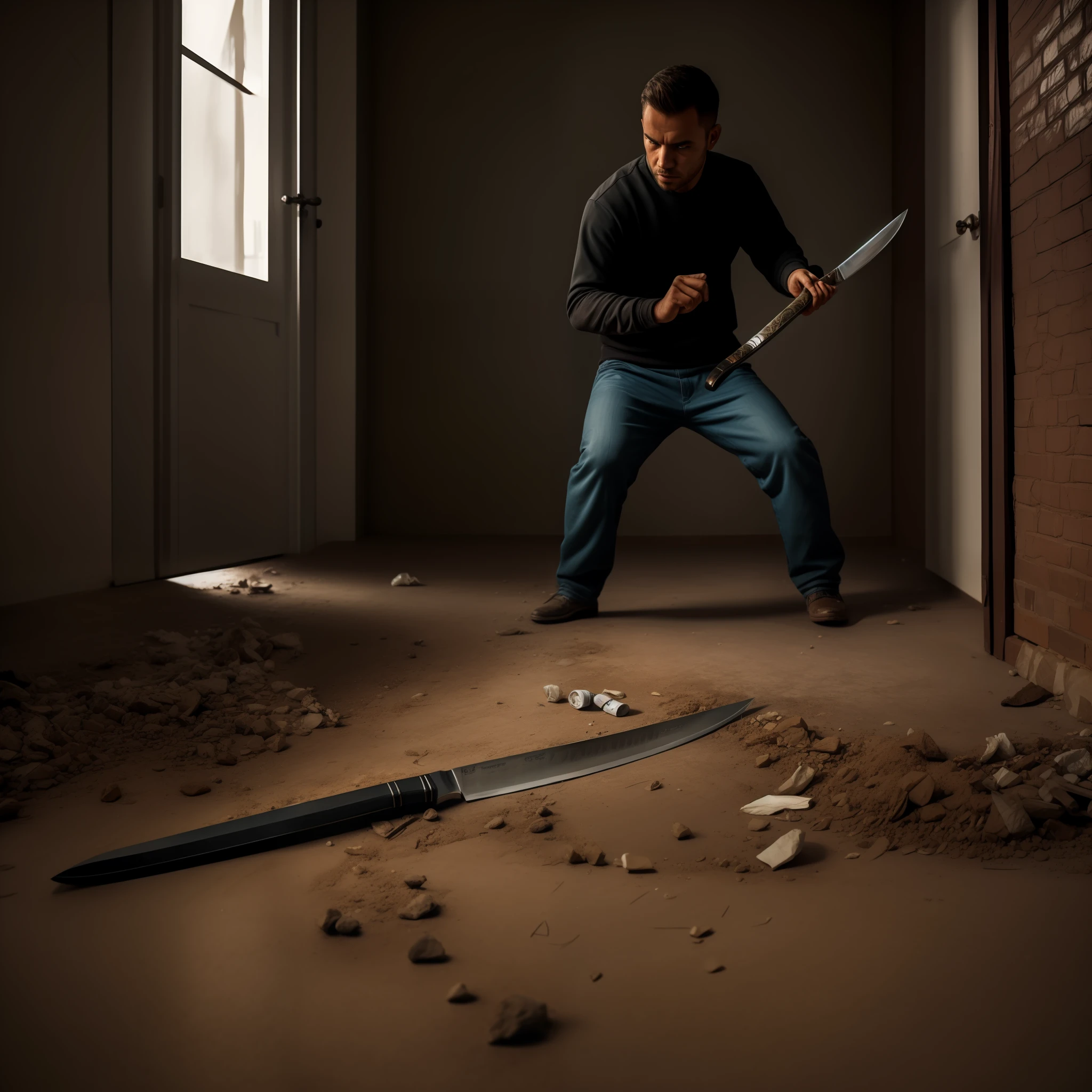 A thief with a long knife sneaks around the apartment, rubbish, there is dirt on the floor, Poor lighting, super realistic, Art photography, studio, a lot of details,