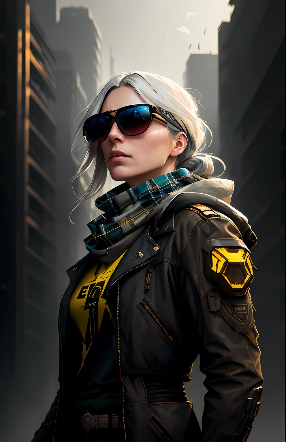 (dark shot:1.1), epic realistic, portrait of halo, sunglasses, blue eyes, tartan scarf, white hair by atey ghailan, by greg rutkowski, by greg tocchini, by james gilleard, by joe fenton, by kaethe butcher, gradient yellow, black, brown and magenta color scheme, grunge aesthetic!!! graffiti tag wall background, art by greg rutkowski and artgerm, soft cinematic light, adobe lightroom, photolab, hdr, intricate, highly detailed, (depth of field:1.4), faded, (neutral colors:1.2), (hdr:1.4), (muted colors:1.2), hyperdetailed, (artstation:1.4), cinematic, warm lights, dramatic light, (intricate details:1.1), complex background, (rutkowski:0.66), (teal and orange:0.4)