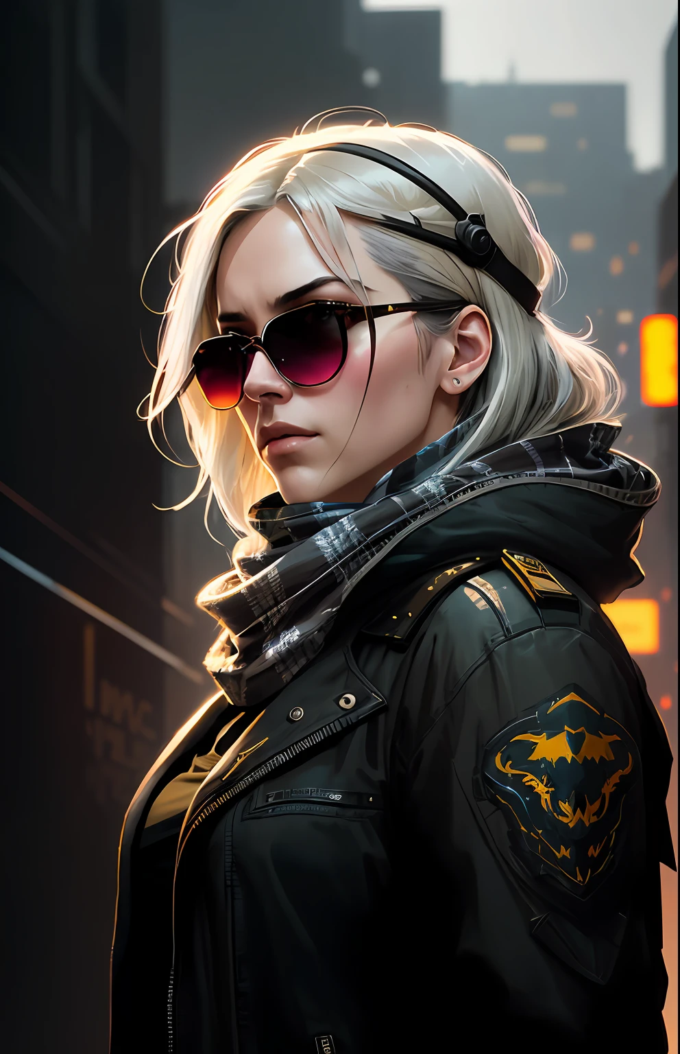 (dark shot:1.1), epic realistic, portrait of halo, sunglasses, blue eyes, tartan scarf, white hair by atey ghailan, by greg rutkowski, by greg tocchini, by james gilleard, by joe fenton, by kaethe butcher, gradient yellow, black, brown and magenta color scheme, grunge aesthetic!!! graffiti tag wall background, art by greg rutkowski and artgerm, soft cinematic light, adobe lightroom, photolab, hdr, intricate, highly detailed, (depth of field:1.4), faded, (neutral colors:1.2), (hdr:1.4), (muted colors:1.2), hyperdetailed, (artstation:1.4), cinematic, warm lights, dramatic light, (intricate details:1.1), complex background, (rutkowski:0.66), (teal and orange:0.4)