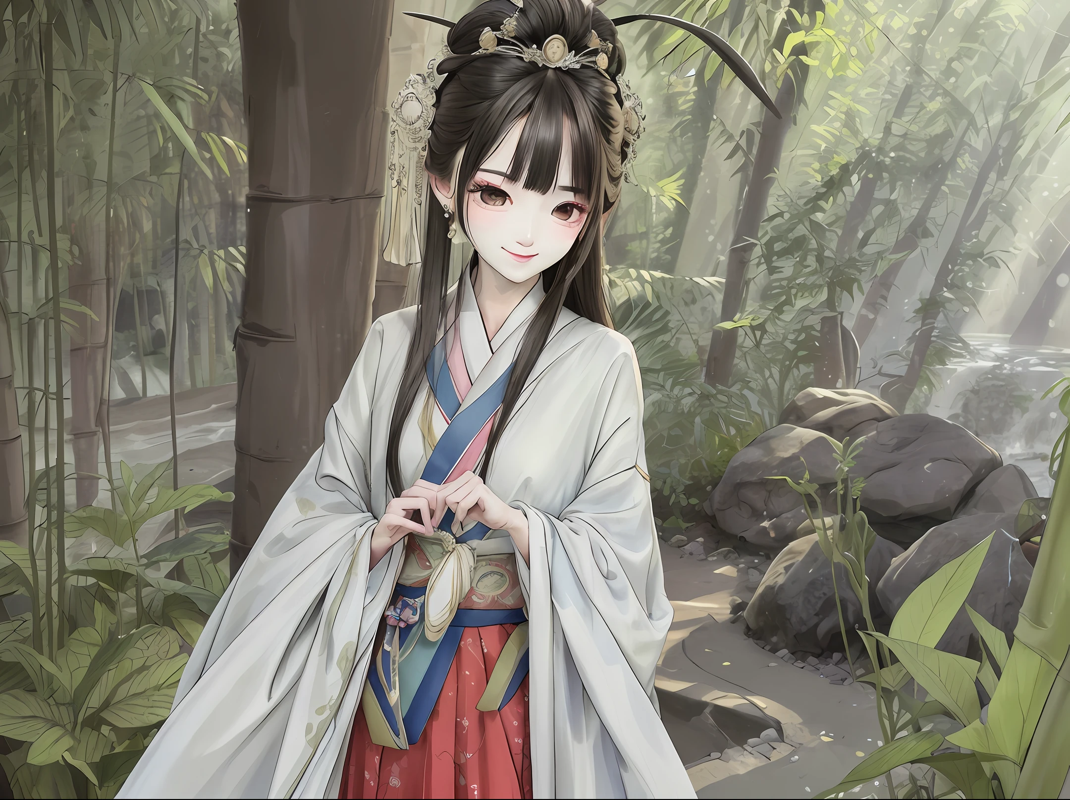 Masterpiece, 4k, super detailed, 1girl, 20-year-old young woman, delicate facial features, perfect face, smile, light makeup, headdress, hanfu, long skirt, skirt, bamboo forest, ink style, gongbi painting
