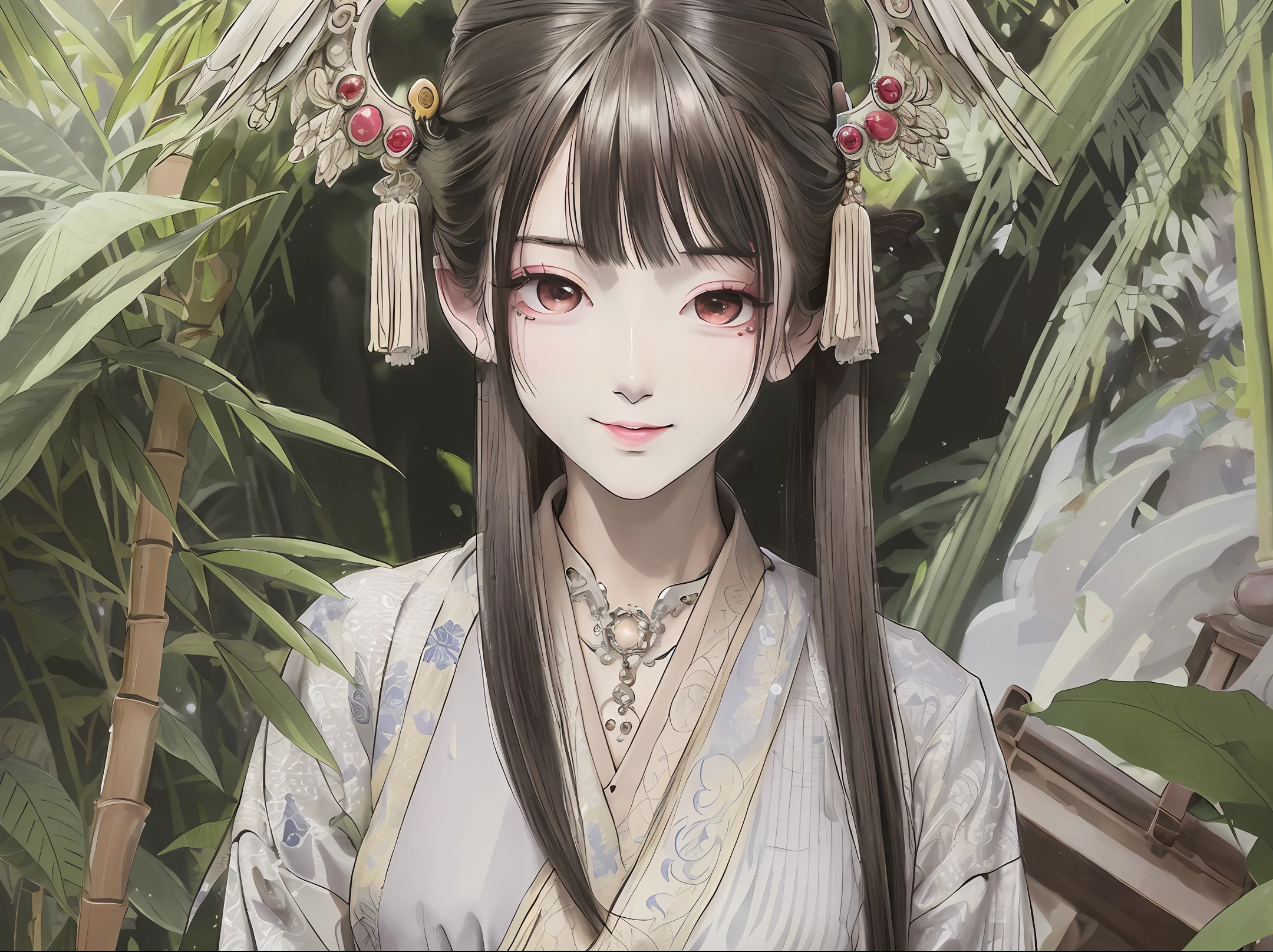 Masterpiece, 4k, super detailed, 1girl, 20-year-old young woman, delicate facial features, perfect face, smile, light makeup, headdress, hanfu, long skirt, skirt, bamboo forest, ink style, gongbi painting