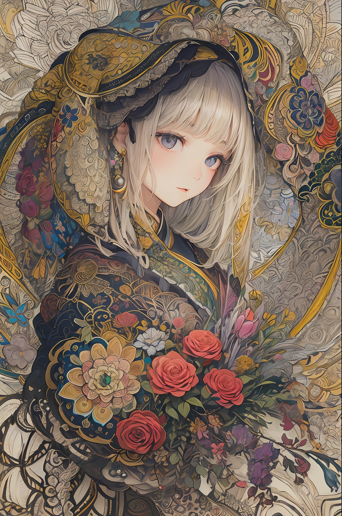 (​masterpiece、top-quality、top-quality、Official art、Beautifully Aesthetic:1.2)、A highly detailed、(Fractal Art:1.1)、(colourfull:1.1)(florals:1.6)、The most detailed、(Zentangle:1.2)、(Dynamic Poses)、(Abstract background:1.3)、(shinny skin)、(Many colors:0.8)、、(耳Nipple Ring:1.4)、(pluma:0.9)、Taisho romance