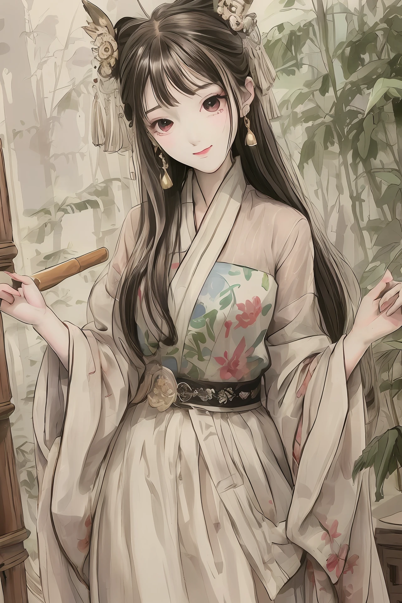 Masterpiece, 4k, super detailed, 1girl, 20-year-old young woman, delicate facial features, perfect face, smile, light makeup, headdress, hanfu, long skirt, skirt, bamboo forest, ink style, gongbi painting