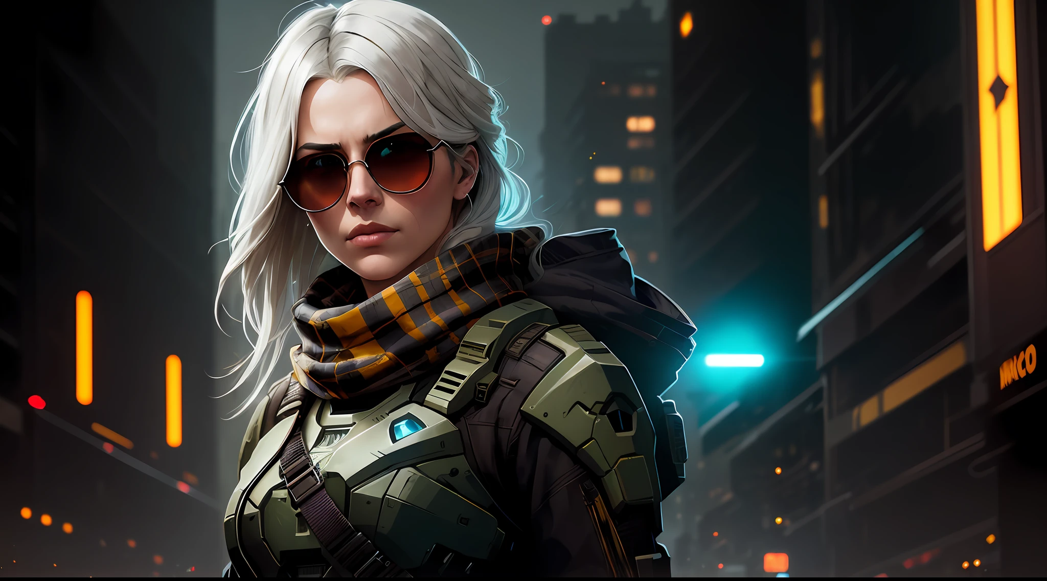 (dark shot:1.1), epic realistic, portrait of halo, sunglasses, blue eyes, tartan scarf, white hair by atey ghailan, by greg rutkowski, by greg tocchini, by james gilleard, by joe fenton, by kaethe butcher, gradient yellow, black, brown and magenta color scheme, grunge aesthetic!!! graffiti tag wall background, art by greg rutkowski and artgerm, soft cinematic light, adobe lightroom, photolab, hdr, intricate, highly detailed, (depth of field:1.4), faded, (neutral colors:1.2), (hdr:1.4), (muted colors:1.2), hyperdetailed, (artstation:1.4), cinematic, warm lights, dramatic light, (intricate details:1.1), complex background, (rutkowski:0.66), (teal and orange:0.4)