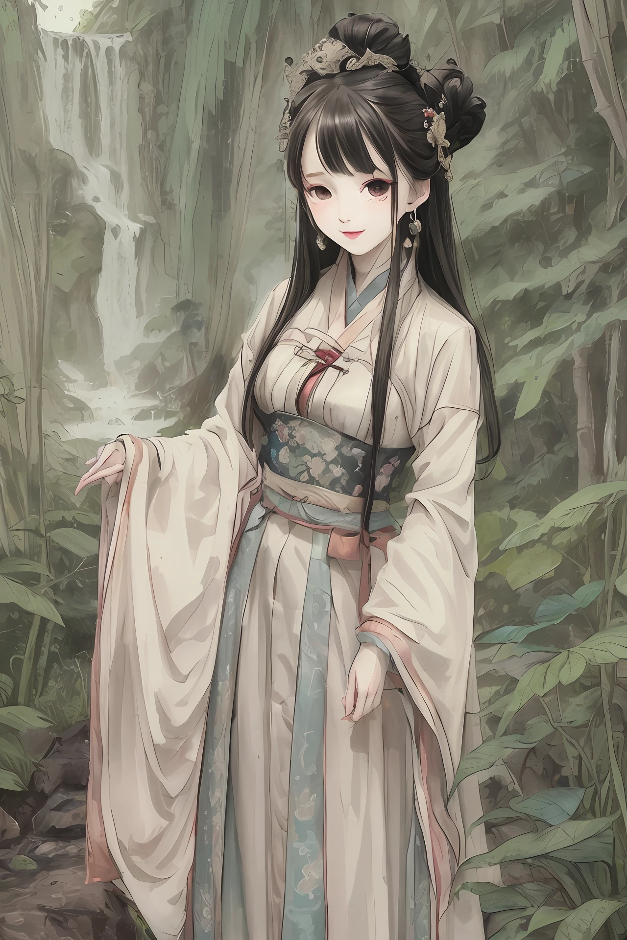 Masterpiece, 4k, super detailed, 1girl, 20-year-old young woman, delicate facial features, perfect face, smile, light makeup, headdress, hanfu, long skirt, skirt, bamboo forest, ink style, gongbi painting