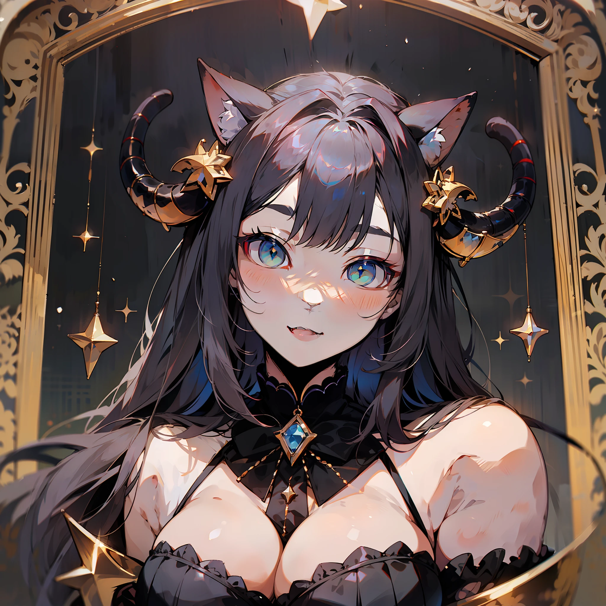 Like a dog like a sheep，The head has black horns，Like a cat，Eyes are like jewel stars，Cute big breasts，32K