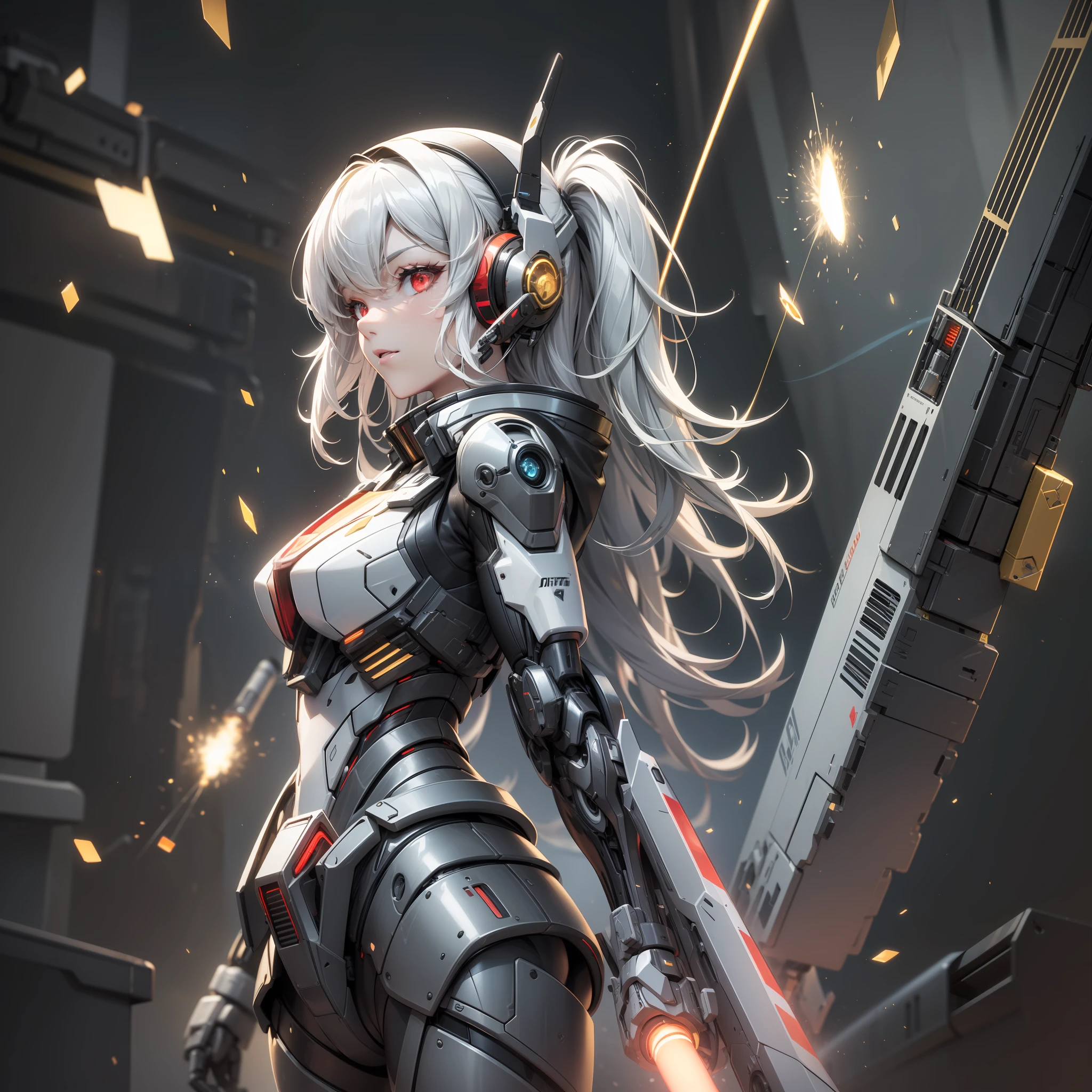 (Golden ratio:1.2),[(Black background:1.4)::10],(Masterpiece), (Best quality), (Ultra detailed),(Disheveled hair),(illustration),(1girll:1.3),Solo,full bodyesbian,Silver hair,Long straight hair,Red eyes,Cyberpunk girl,mecha-girl,Futuristic wireless headphones,Virtual screen projection,LCD screens,Fiber optic cable,Mechanical limb,Small breasts,Slim waist,Mechanical exoskeleton,mechanicalparts,(Drift particle effect:1.3),A conduction tube that emits red light,(Huge jetpack:1.3)+(Folding futuristic sniper rifle:1.3)+(Missile compartment:1.3)