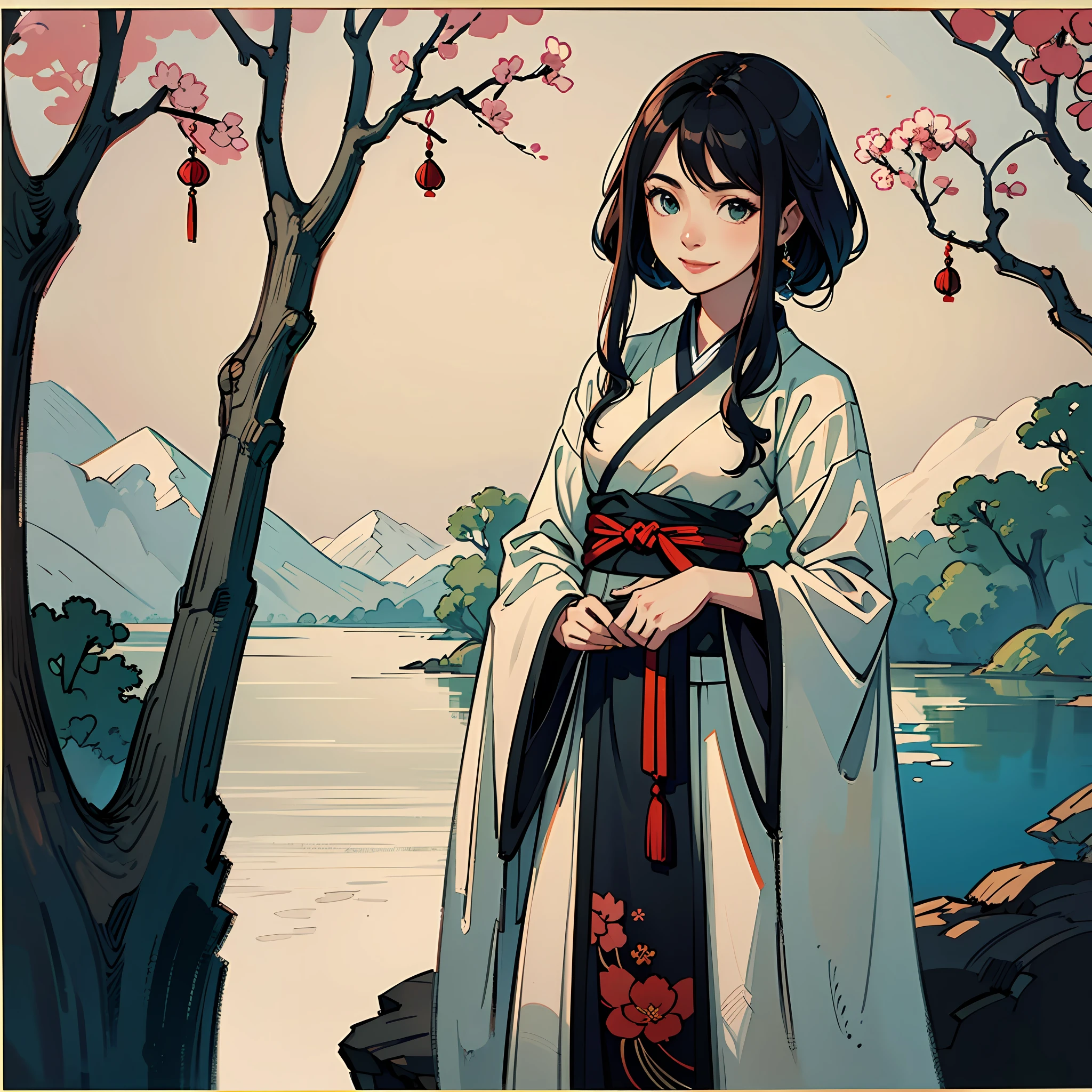 shukezouma, Negative space, , shuimobysim , Portrait of a woman standing , Willow branches, (Masterpiece, Best quality:1.2), Traditional Chinese Ink Painting, ModelShoot style, Peaceful, (Smile), view the viewer, wearing long hanfu, Hanfu, Song, Willow tree in background, wuchangshuo, --auto