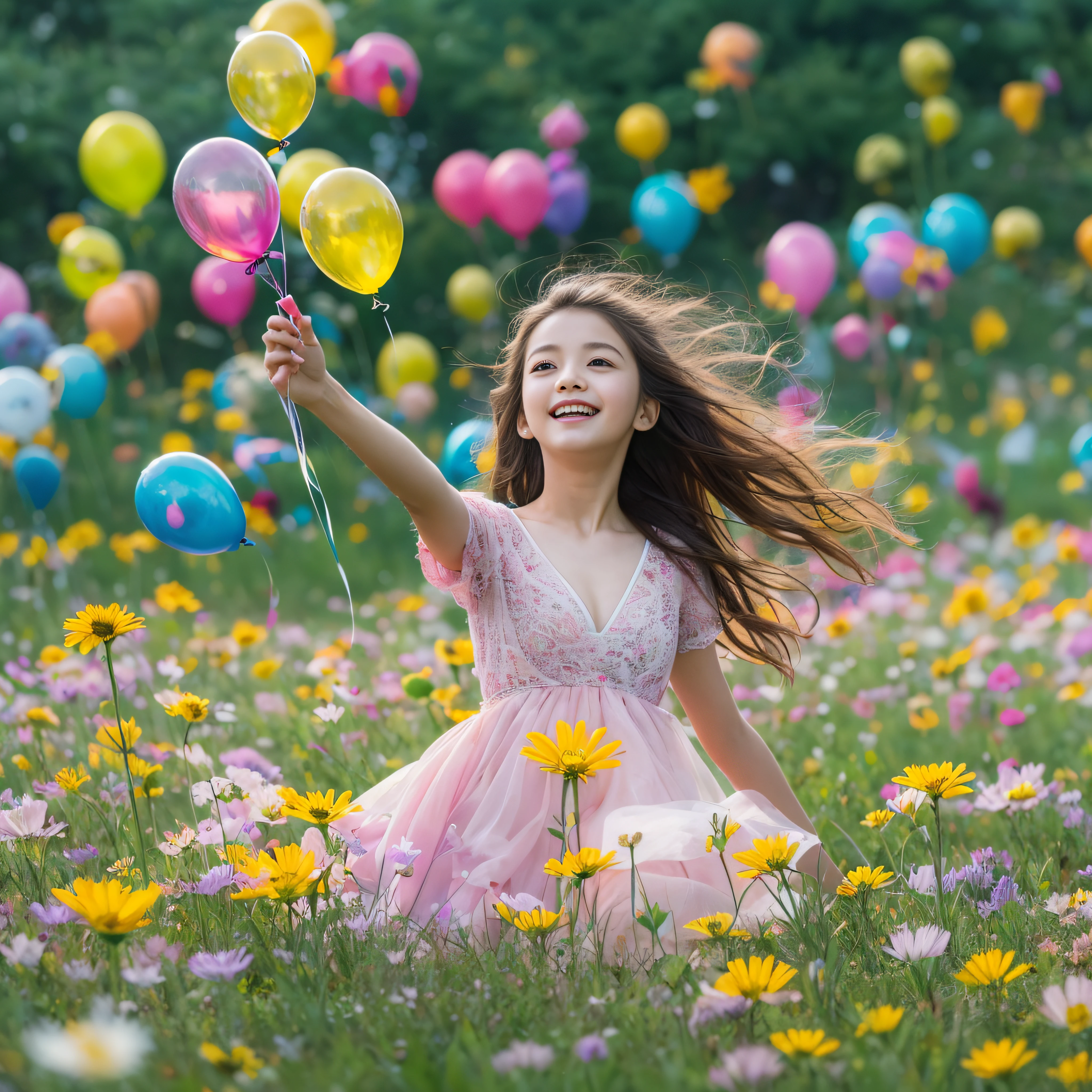 A 12-year-old girl holds flowers，There are colorful balloons floating in the sky，grassy fields,Dance,Holding flowers，cheerfulness，Rejoice，Perfect quality，Clear focus（Clutter - home：0.8）， （tmasterpiece：1.2） （realisticlying：1.2） （Bokeh） （best qualtiy） （detailedskin：1.3） （complexdetails） （8K） （detailedeyes） （Sharp focus）,（having fun）closeup cleavage