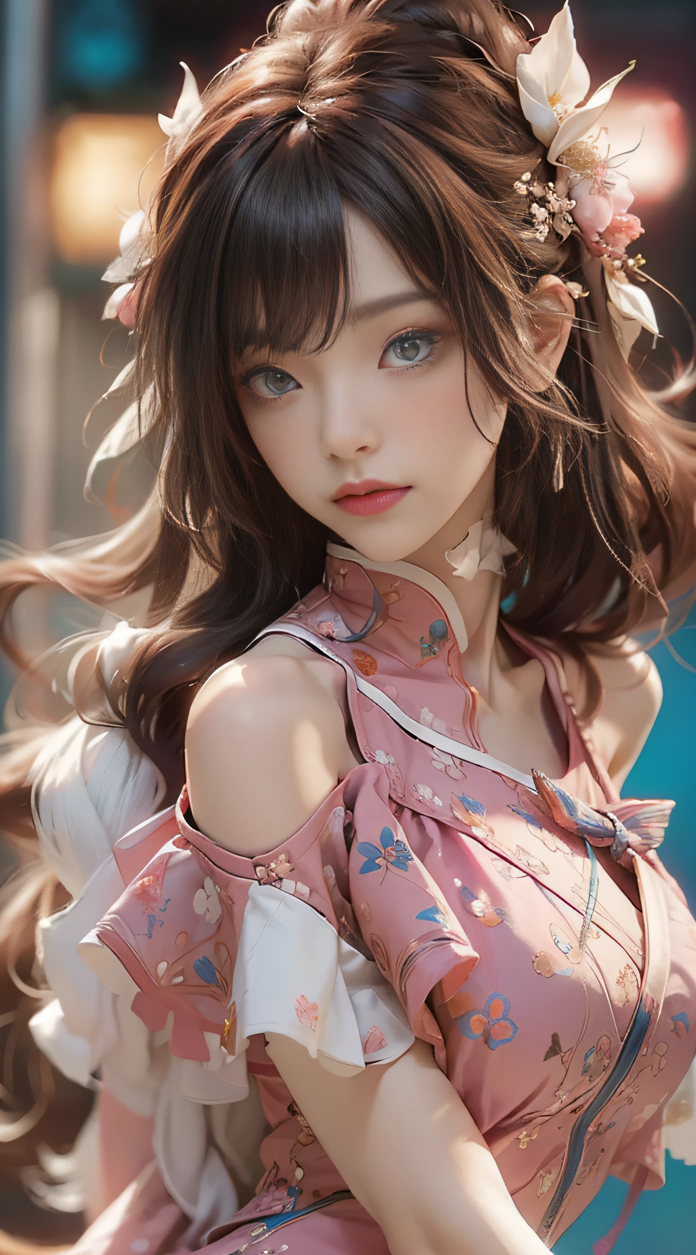 ((best qualtiy)), ((tmasterpiece)), (Detail:1.4), 3D, Beautiful cyberpunk female images,hdr(HighDynamicRange),Ray traching,NVIDIA RTX,Hyper-Resolution,illusory 5,sub surface scattering,PBR textures,post-proces,Anisotropy Filtering,depth of fields,maximum definition and sharpness,Many-Layer Textures,Albedo e mapas Speculares,Surface Coloring,Mitsu-Accurate simulation of material interactions,perfectly proportioned,rendering by octane,Two-colored light,largeaperture,Low ISO,White balance,Rule three points、8K raw data、Beautiful bright blue pupils,off-the-shoulder clothes,Fine pupils,Delicate face and eyes,long eyelasher,Blushlush,Delicate and fluffy hair,pink lip,Pure,cute big breasts,Sweet girl,Artistic sense,Casual wear,Advancedsense,butterflys,Cherry blossom petal,Beautiful hair accessories,Long hair and waist,Hair fluttering in the wind