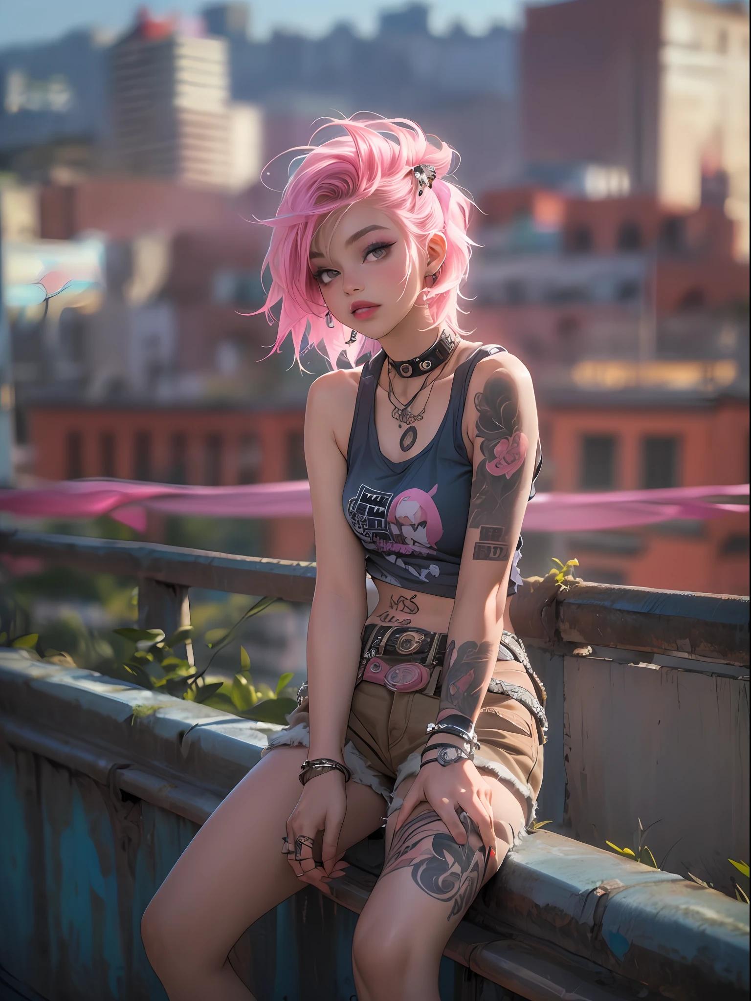 (top-quality、in 8K、32K、masterpiece、nffsw:1.3)、Cute 18 year old punk girl、(Photorealsitic:1.4),Fancy makeup,Wacky punk hair,punk fashion,Tank Tops、A pink-haired,、Tattoos on the body,、Downtown District Background、Backlight effect、depth of fields,blurry backround,