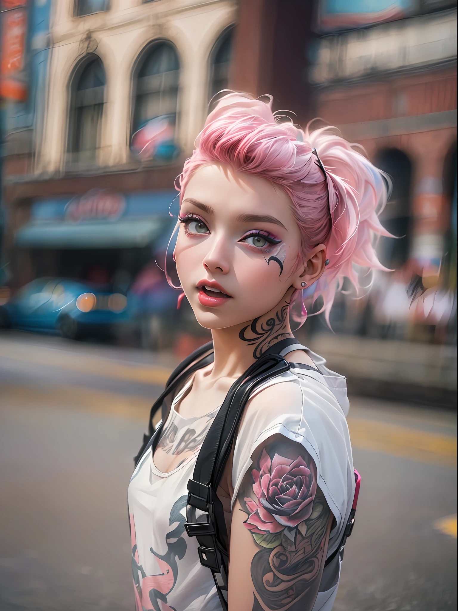 (top-quality、in 8K、32K、masterpiece、nffsw:1.3)、Cute 18 year old punk girl、(Photorealsitic:1.4),Fancy makeup,Wacky punk hair,punk fashion,Tank Tops、A pink-haired,、Tattoos on the body,、Downtown District Background、Backlight effect、depth of fields,blurry backround,