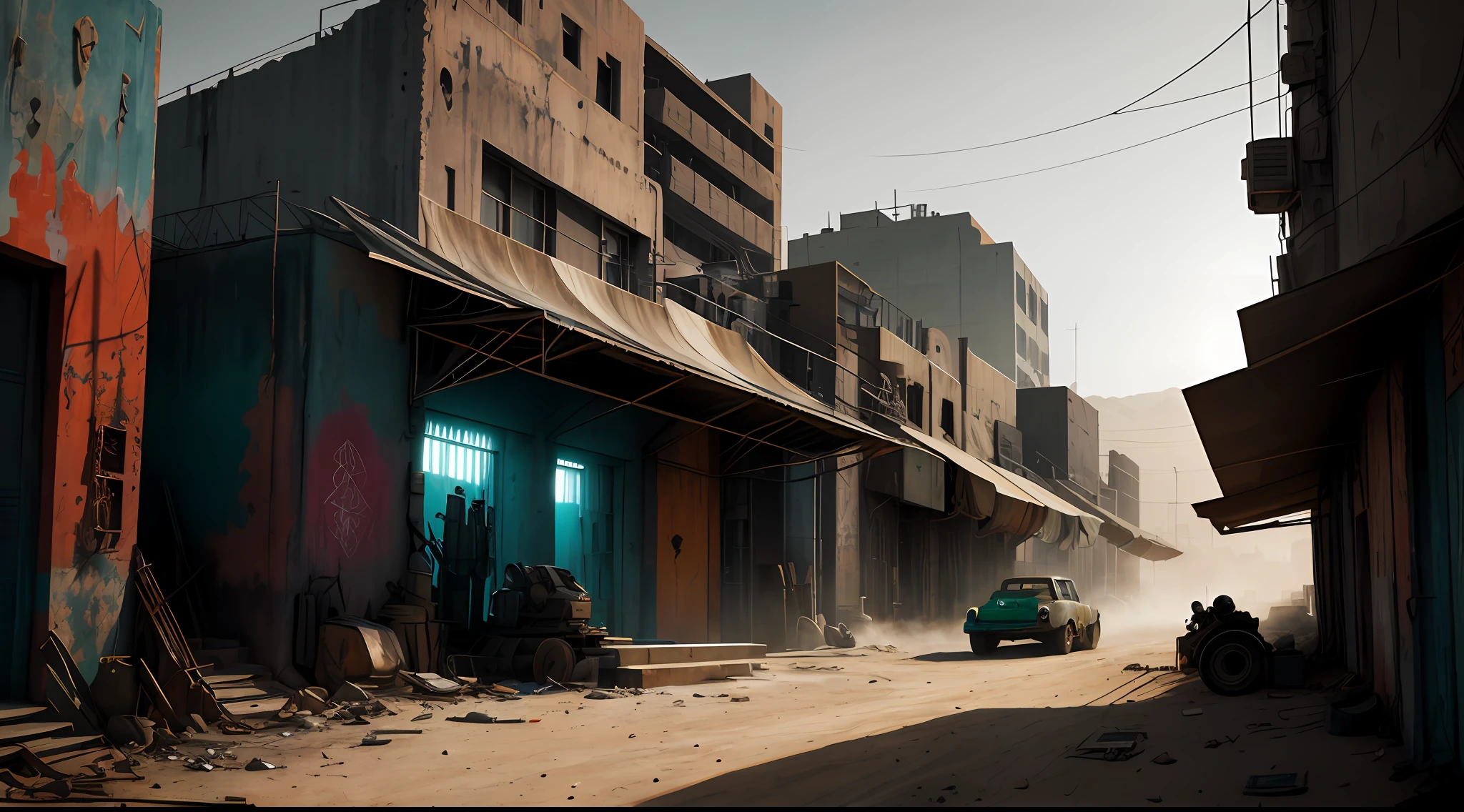(dark shot:1.1),Wasteland breath,epic realistic,Beautiful portraits,madmax,red tinted hair,Smooth abs,with a well-proportioned body,Gray scarf,Gatling gun,Desert background,Gradient silver、 blue colors、Gray and green color scheme,grunge aesthetic!!!graffiti tag wall background,Artwork by Greg Rukowski and Artgerm,Soft cinematic light,adobe lightroom,photolab,hdr,iintricate,The is very detailed,(depth of fields:1.4),faded,(com cores neutras:1.2),(hdr:1.4) ,(pastel colour:1.2),ultra - detailed,(artstation:1.4),cinematic ligh,warm lights,Dramatic light,(Complicated details:1.1),the complex background,(rutkowski:0.66),(silverand orange:0.4)