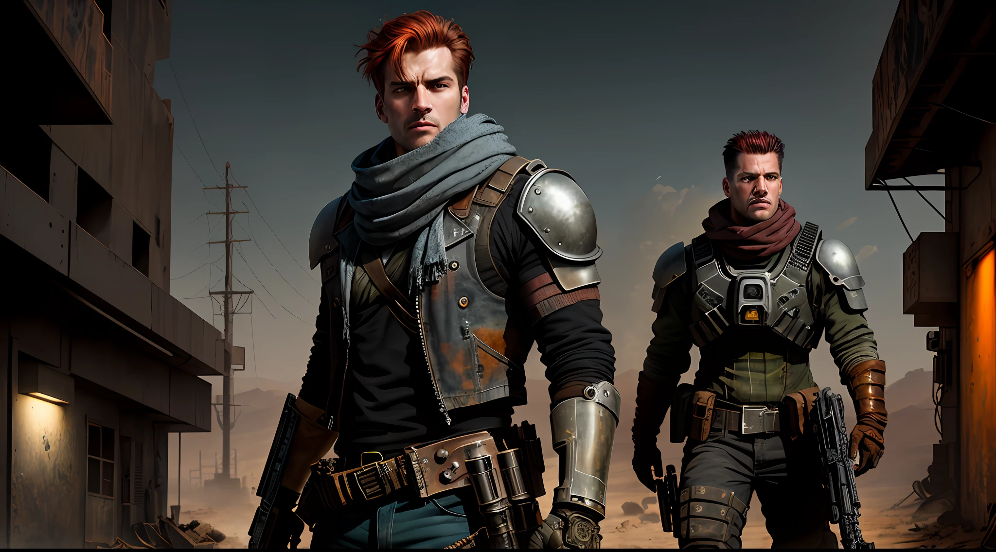 (dark shot:1.1),Wasteland breath,epic realistic,Beautiful portraits,madmax,red tinted hair,Smooth abs,with a well-proportioned body,Gray scarf,Gatling gun,Desert background,Gradient silver、 blue colors、Gray and green color scheme,grunge aesthetic!!!graffiti tag wall background,Artwork by Greg Rukowski and Artgerm,Soft cinematic light,adobe lightroom,photolab,hdr,iintricate,The is very detailed,(depth of fields:1.4),faded,(com cores neutras:1.2),(hdr:1.4) ,(pastel colour:1.2),ultra - detailed,(artstation:1.4),cinematic ligh,warm lights,Dramatic light,(Complicated details:1.1),the complex background,(rutkowski:0.66),(silverand orange:0.4)
