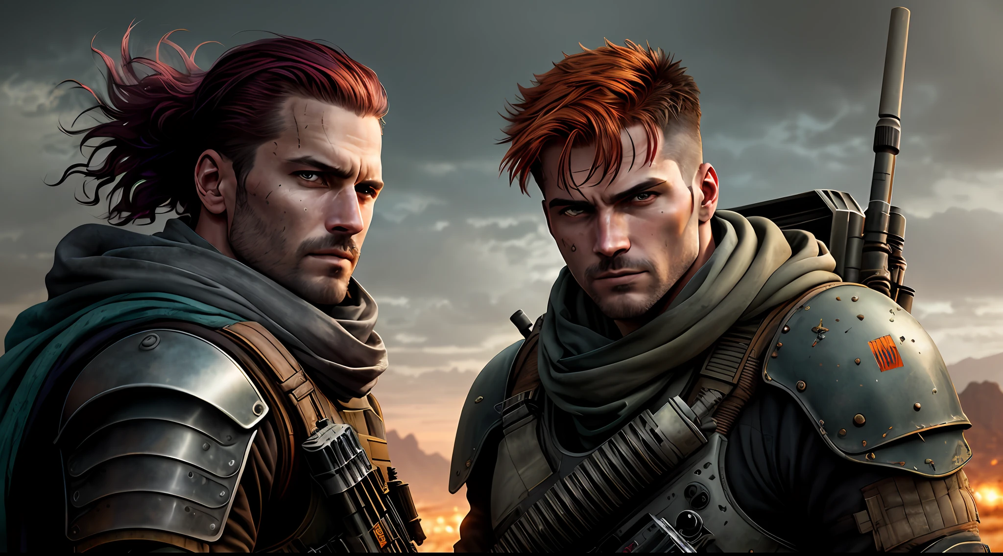 (dark shot:1.1),Wasteland breath,epic realistic,Beautiful portraits,madmax,red tinted hair,Smooth abs,with a well-proportioned body,Gray scarf,Gatling gun,Desert background,Gradient silver、 blue colors、Gray and green color scheme,grunge aesthetic!!!graffiti tag wall background,Artwork by Greg Rukowski and Artgerm,Soft cinematic light,adobe lightroom,photolab,hdr,iintricate,The is very detailed,(depth of fields:1.4),faded,(com cores neutras:1.2),(hdr:1.4) ,(pastel colour:1.2),ultra - detailed,(artstation:1.4),cinematic ligh,warm lights,Dramatic light,(Complicated details:1.1),the complex background,(rutkowski:0.66),(silverand orange:0.4)