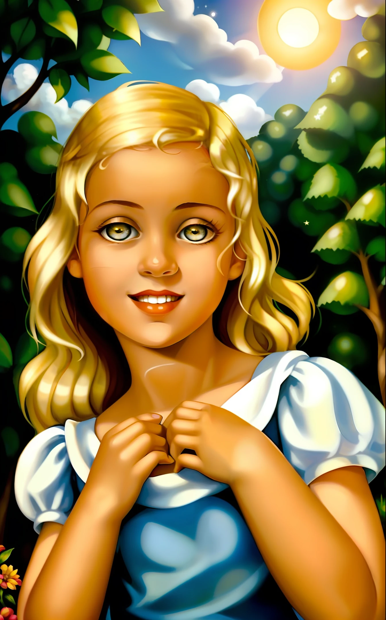 Era uma vez, numa pequena e encantadora vila, vivia uma doce menina chamada Clara. She had golden hair like the rays of the sun and eyes bright like stars in the sky. Clara adorava explorar os arredores de sua casa, playing among the trees and running through the fields.