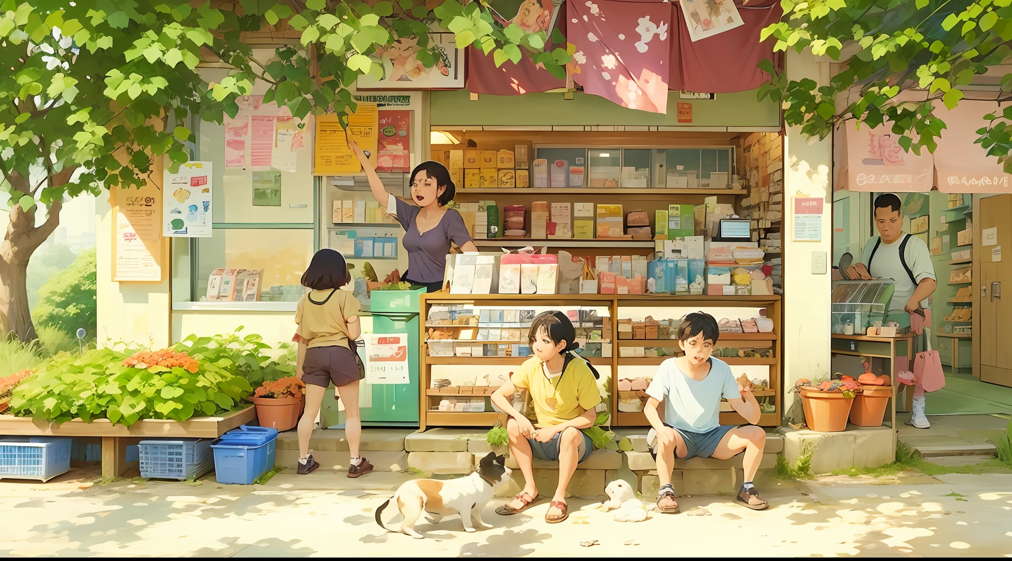 Anime scene of a woman and two children in front of the store, convenience store, author:Kim Jong-hee, lo-fi illustration style, ghibli studio anime style, style in ghibli anime style, ghibli artstyle, studio ghibli artstyle, stores, Anime background art, In Studio Ghibli style, at summer afternoon, On a sunny day, daily life