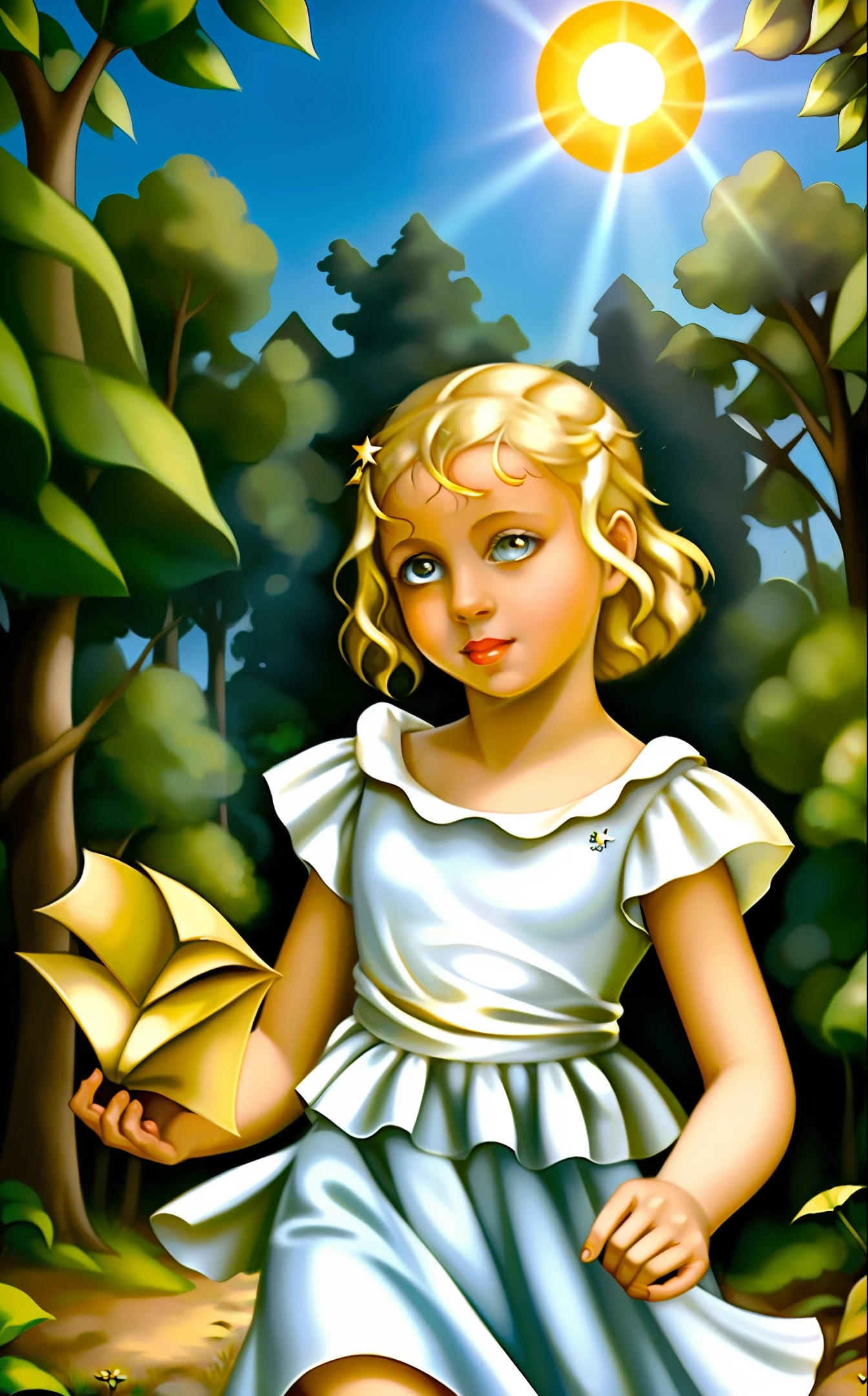 Era uma vez, numa pequena e encantadora vila, vivia uma doce menina chamada Clara. She had golden hair like the rays of the sun and eyes bright like stars in the sky. Clara adorava explorar os arredores de sua casa, playing among the trees and running through the fields.