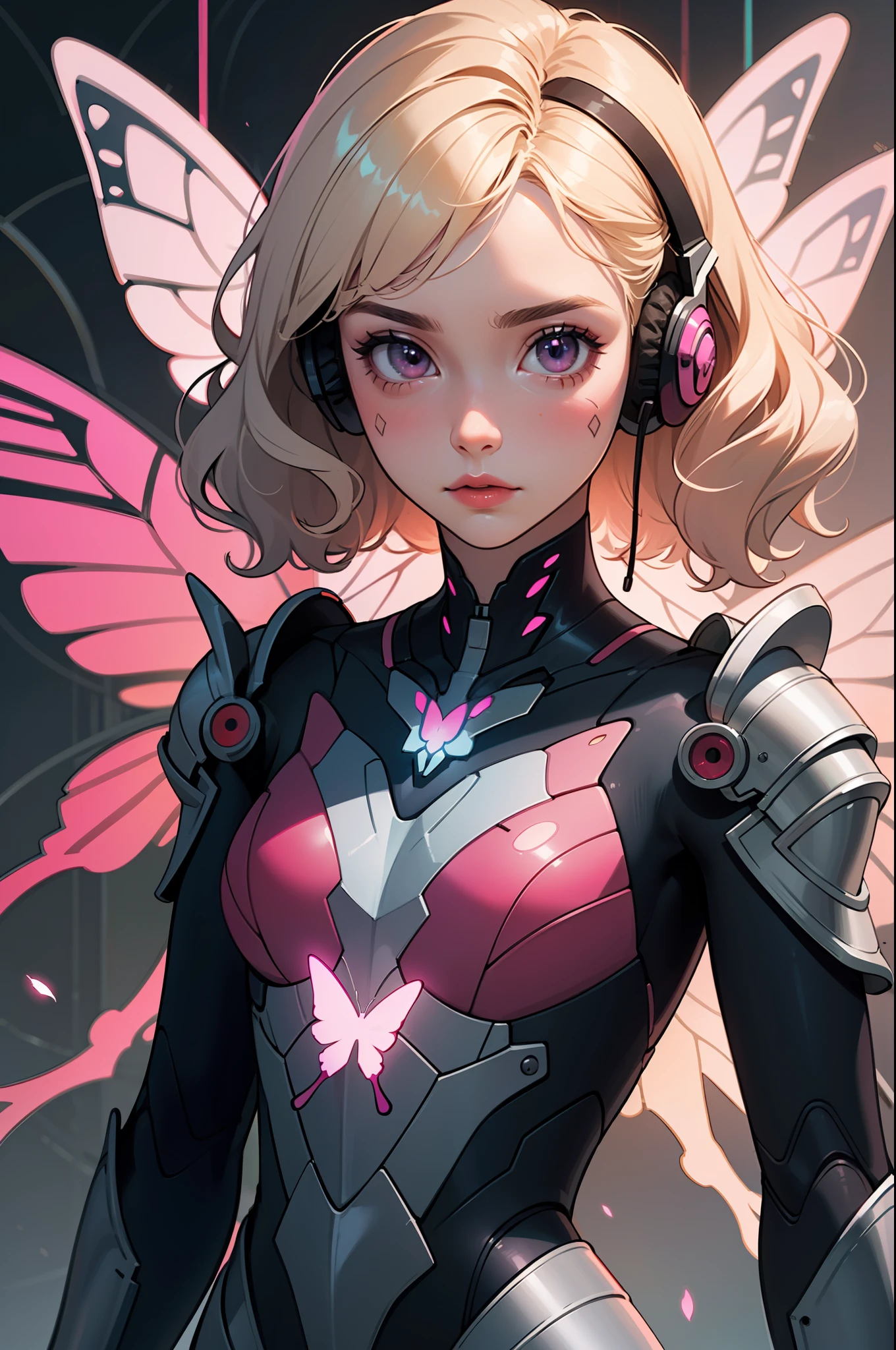 (Artwork of exceptional craftsmanship),(Detailed illustrations,(Art based on a very ideal anatomy),Very detailed and detailed drawing,Delicate lines with slow and rapid,(Realistic texture expression)),[Color tressed main line],[Background of the Institute],HENTAI ANIME (CYBERGirl (Beauty) Skinny ) (Voluminous wavy platinum blonde) cyborgs,(((Butterfly wings) Magenta-pink Papillon cybernean armor) Cyber Headset) [Aurora Armor [Through the material]],(Science Fiction Mechanical [Bioengineering]),(Perfectly proportioned),(Fine and beautiful skin expression [realistic skin detail]),(Design built to the highest level,[Advanced structural understanding of materials],Ideal color coordination),(Intricate and beautiful decoration (Dense detail)),(More on shiny hair),[Perfect hand details],(Beautiful perfect face [Realistic face details]),[Clear gaze],[long and beautiful eyelashes],[Perfect eye details (Eyes beautifully drawn down to the smallest detail)],(detaileds,high-detail),((Precision Detail),[multi-layer texture],HighQuality,hight resolution),[(Accurate simulation of light-material interactions),Understanding Airflow,Mechanically correct representation],[Visual art that conveys a sense of narrative] [Full body like],[[Desaturation]].