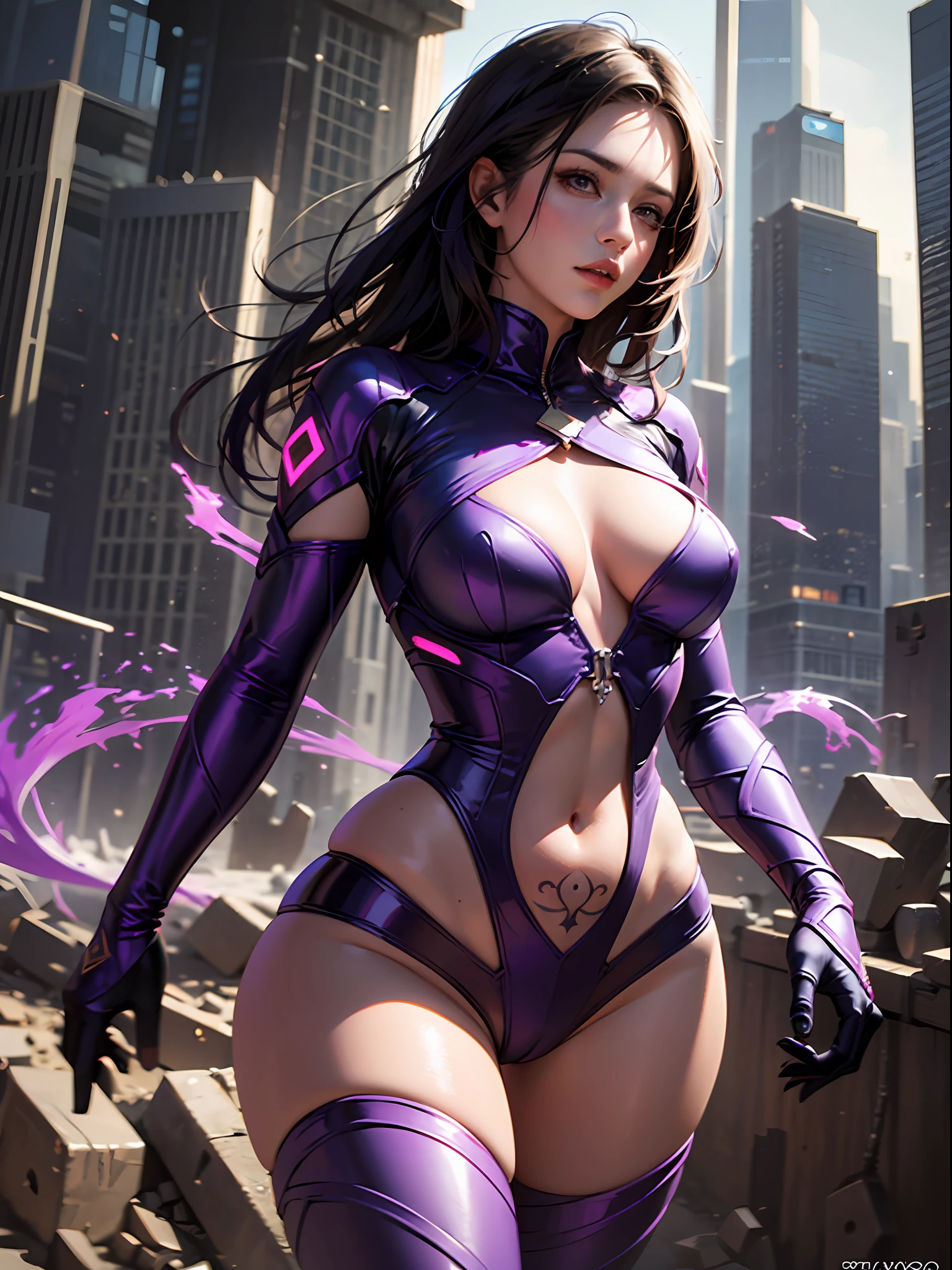 1girll,Gorgeous Hair in Long Purple,Purple jumpsuit,Tattooed with,There is a red string around the waist,Purple boots,Thigh leg rings,The right hand releases a purple energy glow,Hands full breasts, Convex buttocks, city ruins,holy rays,A desert,Detailed background, Clothing details, perfectly proportioned, filmgrain, Fuji colors, lightand shade contrast, tmasterpiece, high detal, high qulity, A high resolution, Cinematic lighting, 8K, Textured skin, Super detail