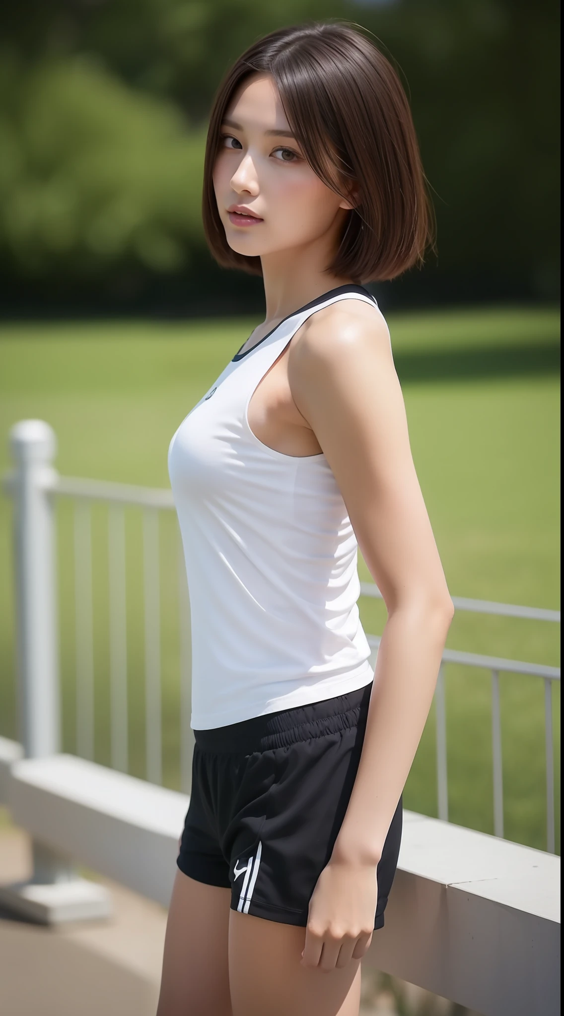 high-level image quality、8K、1 female、Solo Images、Beautuful Women、Athletics、uniform、shortpants、Tank tops、cute little、jpn、The whole body is shown、1 persons、Shortcut Hair