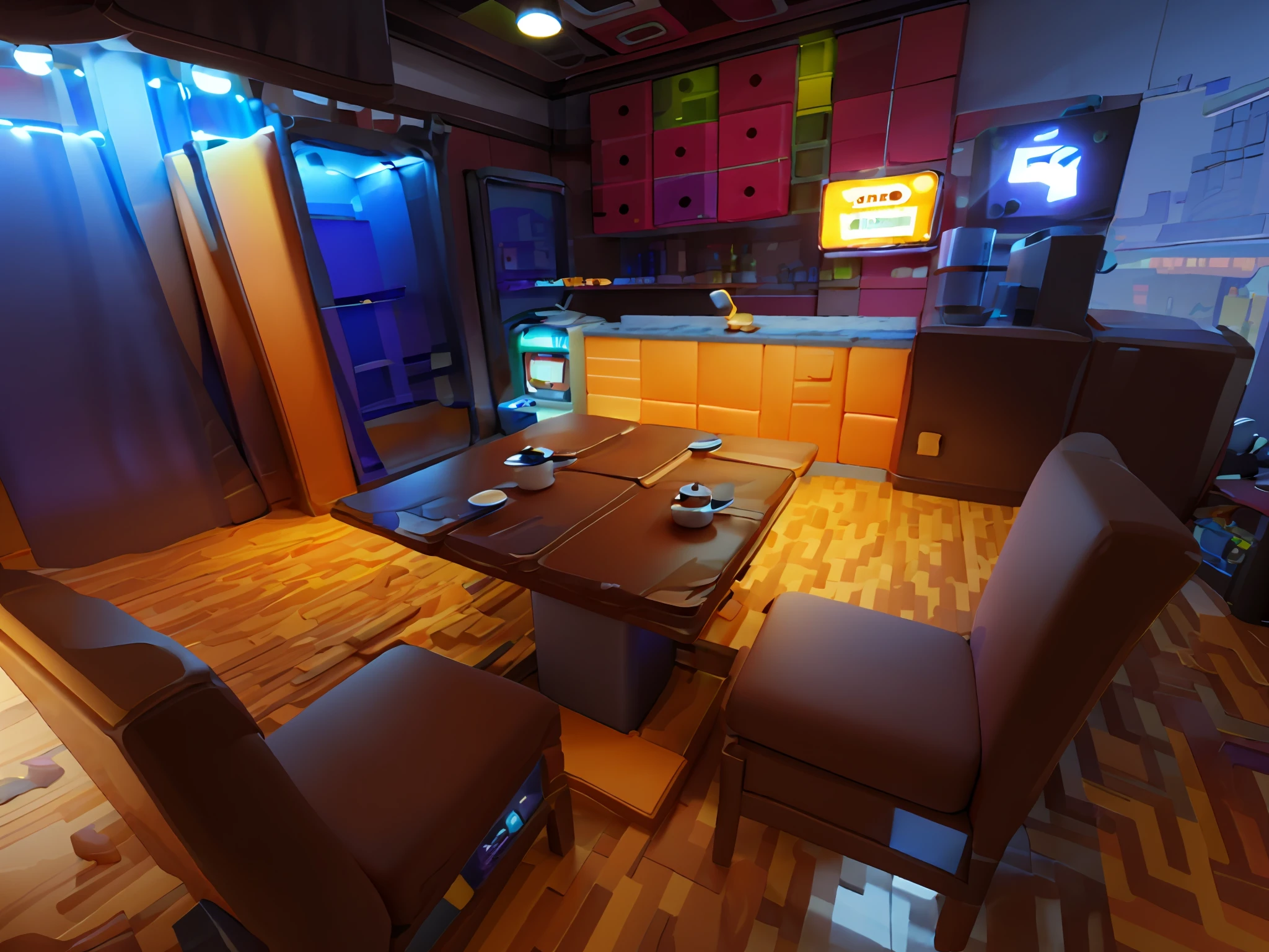 masterpiece, best quality, toon,3d, cyberpunk, arcade, bar, coffee shop