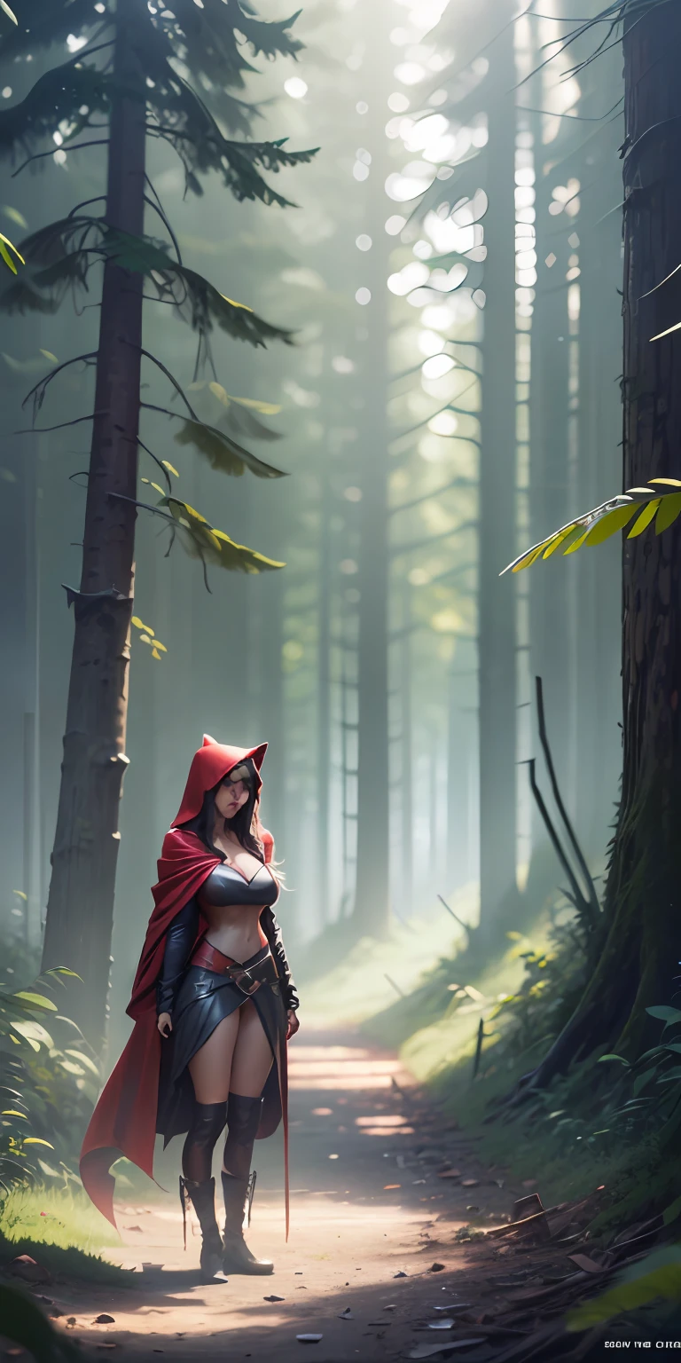 Red Riding Hood becoming the Big Bad Wolf, big breasts, frontal, full-length, looking at the camera, facing the audience, standing pose, forest background, three-dimensional light, detailed full-body concept, sleek digital concept art, beautiful full-body concept art, art trend, CGsociety full-length,