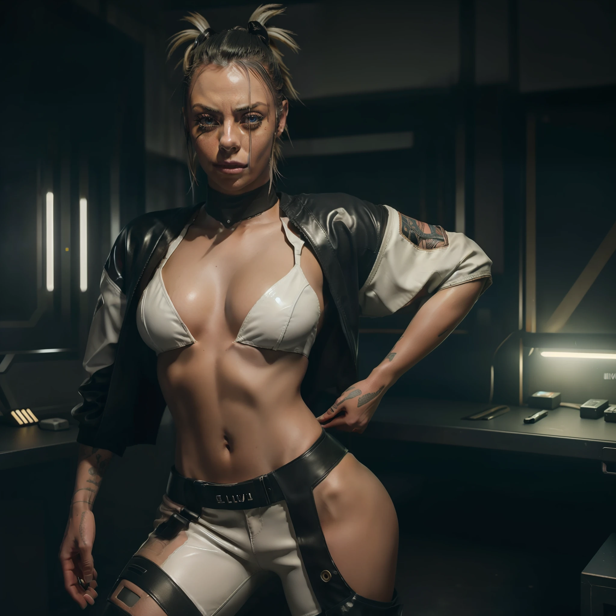 8k, ARTISTIC photography, best quality, masterpiece: 1.2), RAW photo, a (potrait:1.2) of a woman ,Cyberpunk in a room with wires and monitors, wearing white bomber jacket (((Liv Morgan WWE ))) (highly detailed skin:1.2), 8k uhd, dslr, soft lighting, high quality, film grain, Fujifilm XT3, staring at the camera in front, blonde hair, ((dynamic pose))) over-detailed face, beautiful body, toned body, white latex pants , 8k uhd, SLR camera, soft lighting, high quality, film grain, Arri Alexa mini , Cinematic lighting, octane render, cinematic lighting, complex, 8k resolution concept art portrait , edgerunner, blade runner, Cyberpunk 2077, hyperrealistic, photo awesome, gritty, realistic, (((pure 8K))), (((perfect anatomy))), extremely high-quality graphics, Riddley Scott, Blade Runner, Denis Villeneuve, (((cinematic lighting))), ((clear details)), complex, highly detailed background,