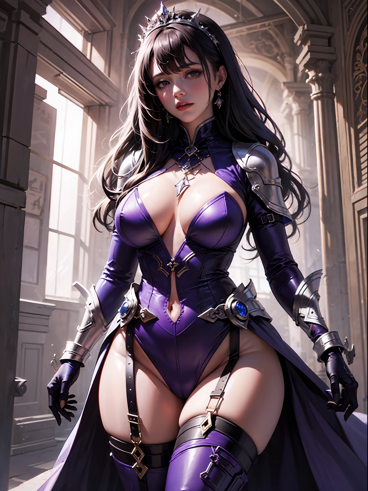 1girll，Gorgeous Hair in Long Purple，Purple jumpsuit，Tattooed with，There is a red string around the waist，Purple boots，Thigh leg rings，The right hand releases a purple energy glow，Hands full breasts, Convex buttocks, city ruins，holy rays，A desert，Detailed background, Clothing details, perfectly proportioned, filmgrain, Fuji colors, lightand shade contrast, tmasterpiece, high detal, high qulity, A high resolution, Cinematic lighting, 8K, Textured skin, Super detail