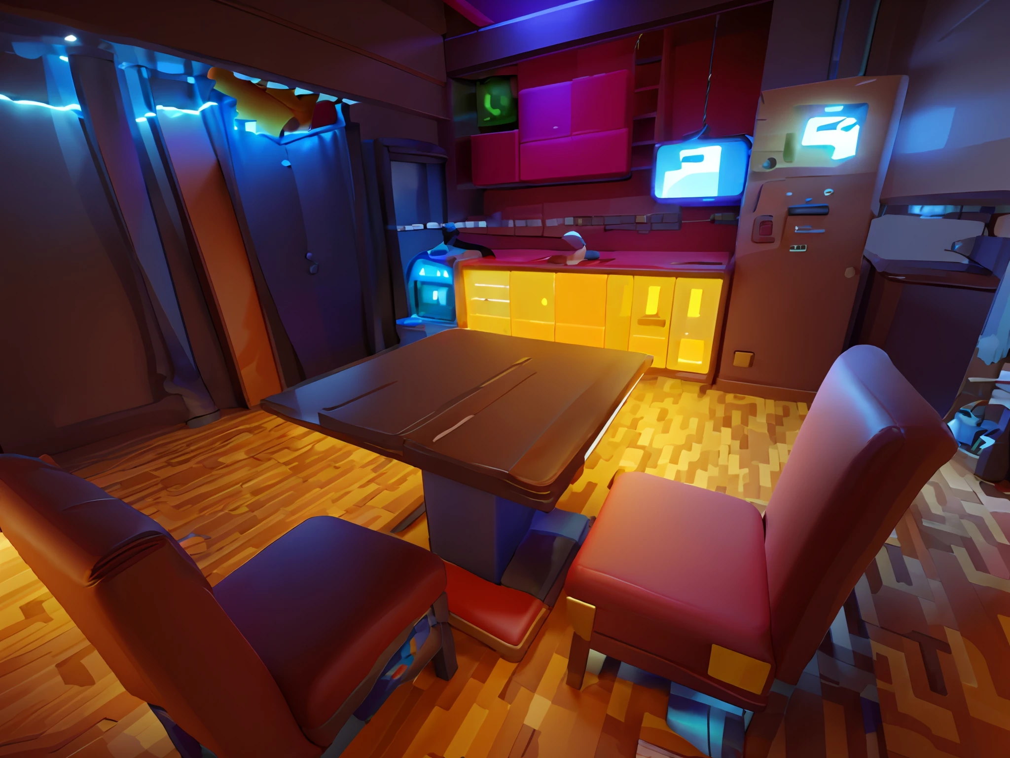 masterpiece, best quality, toon,3d, cyberpunk, arcade, bar, coffee shop