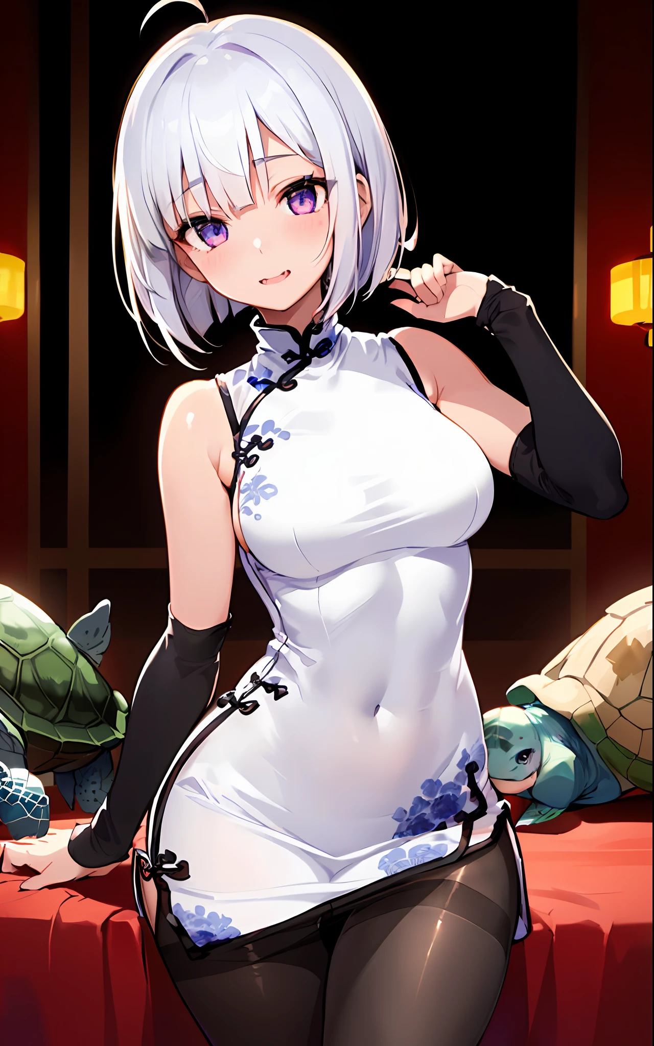 NSFW,1 girl,masterpiece、beautiful lighting、Detailed beautiful face、Detailed beautiful eyes、hight resolution、Ultra-fine illustration、extremely delicate and beautiful、top-quality、Curvaceous、(Cute),Head tilt、Cheerful pose、Show off your pants、(White hair、Pixie Bob、Light purple eyes)、(drooing eyes、The eyes are detailed and beautiful、Kamimei),(turtle neck、Sleeveless 、long china dress:1.5)、Armpit:1.7,A smile、Bite、(shinny hair, Glossy eyes, shinny skin), (glistning skin、light skinned) 、Watch your audience、under the boobs、blushed、Blushing cheeks、(Denier thin black pantyhose:1.5)、high-heels